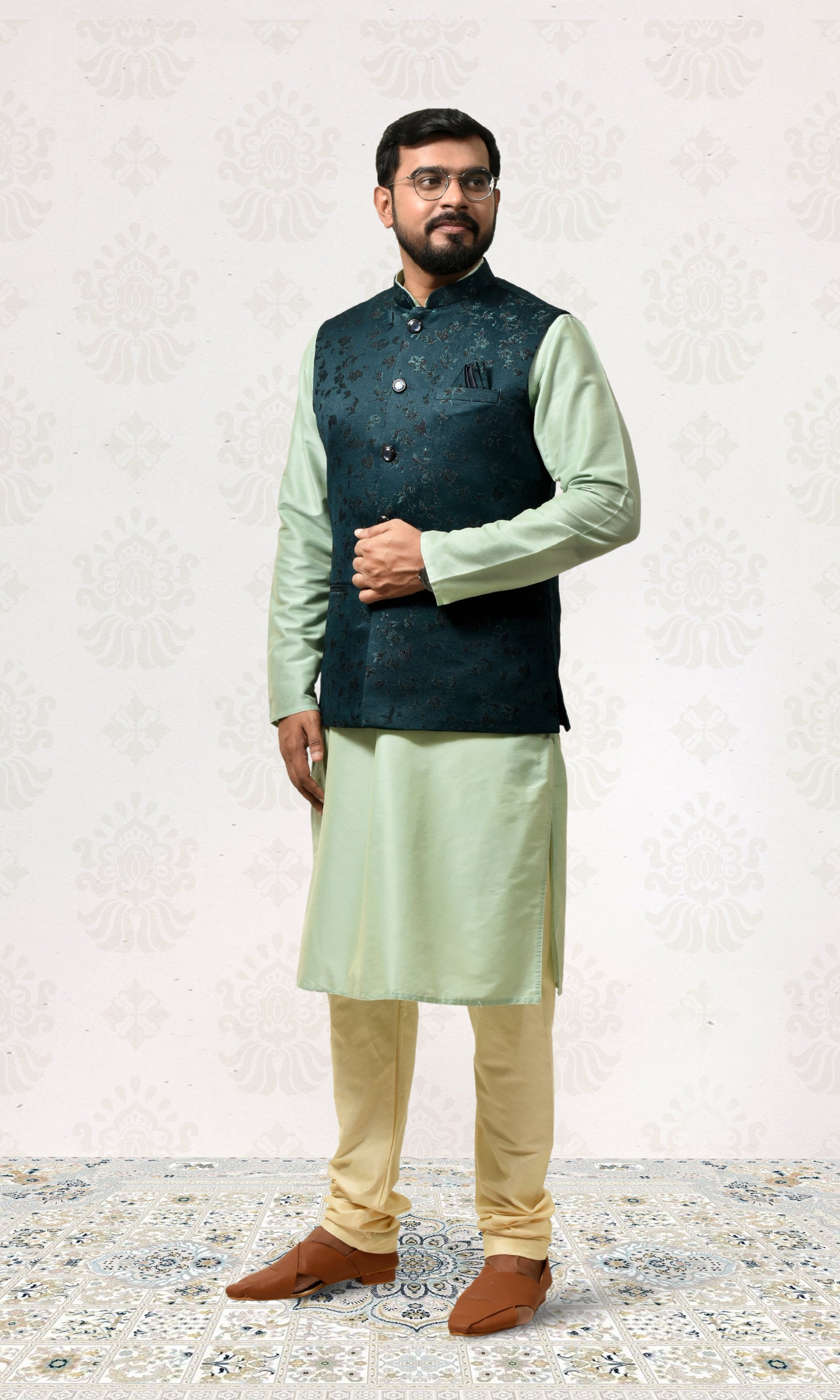 Forest Teal Jacket with Velvet Floral Embroidery