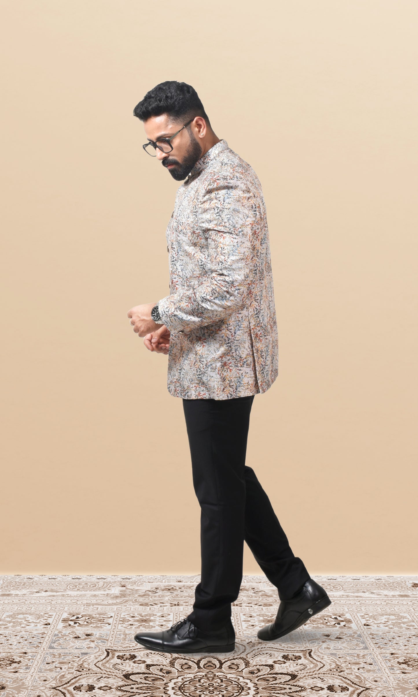 Artistic abstract print bandhgala in off-white with multicolor accents