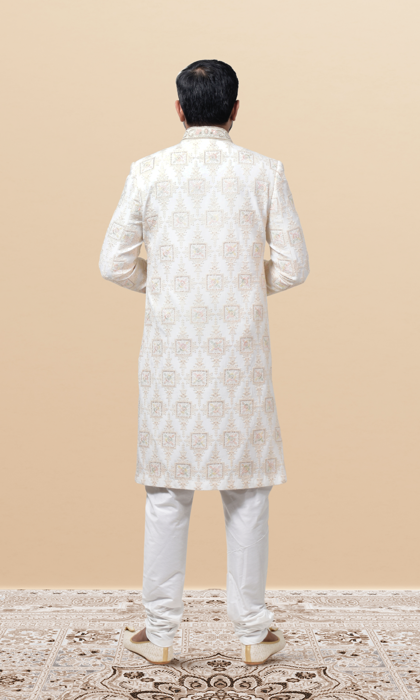 Ivory Sherwani with Multicolored Resham Butta Embroidery & Handcrafted Jewel Buttons