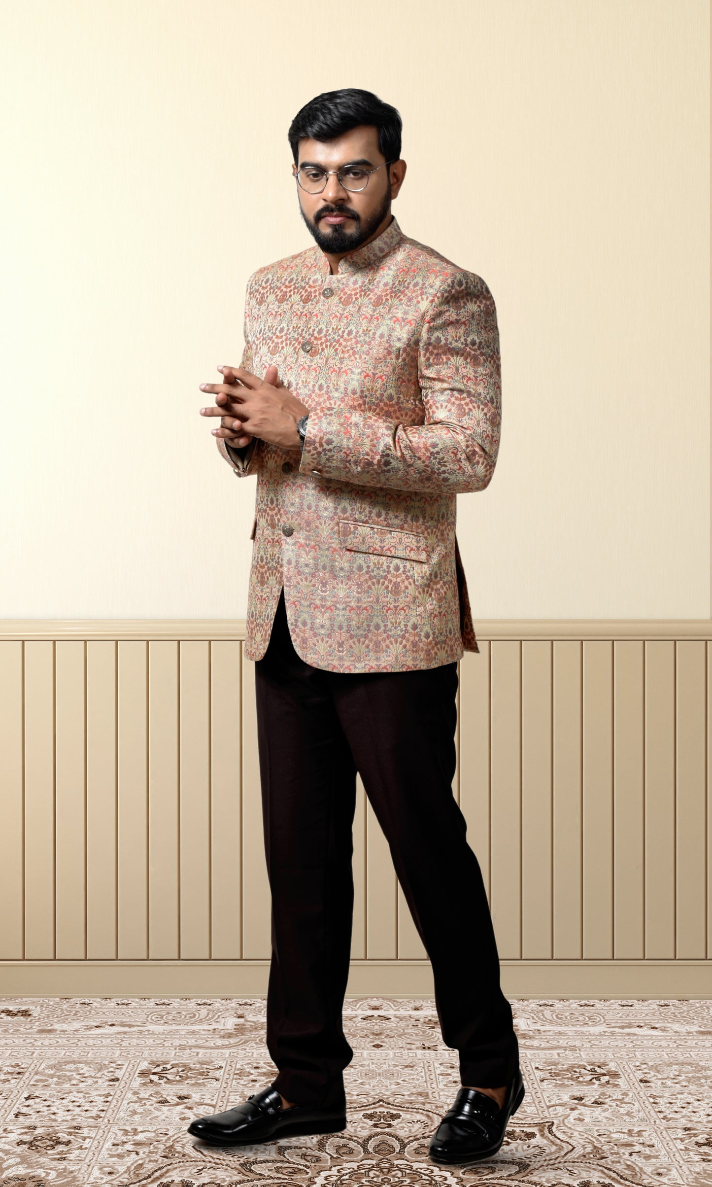 Luxurious cream bandhgala adorned with vintage-inspired floral patterns