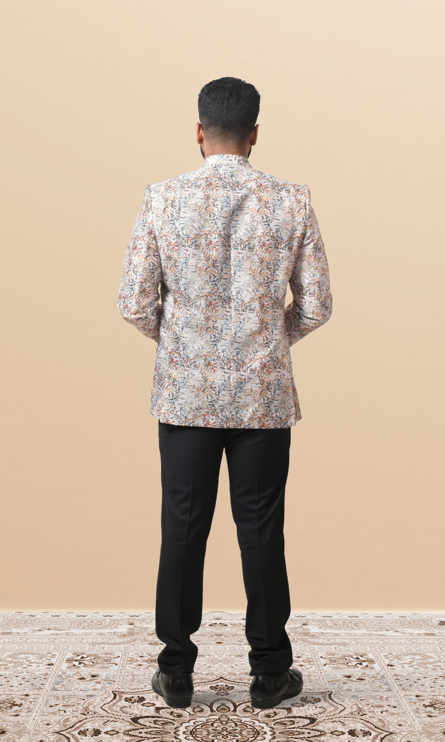 Artistic abstract print bandhgala in off-white with multicolor accents