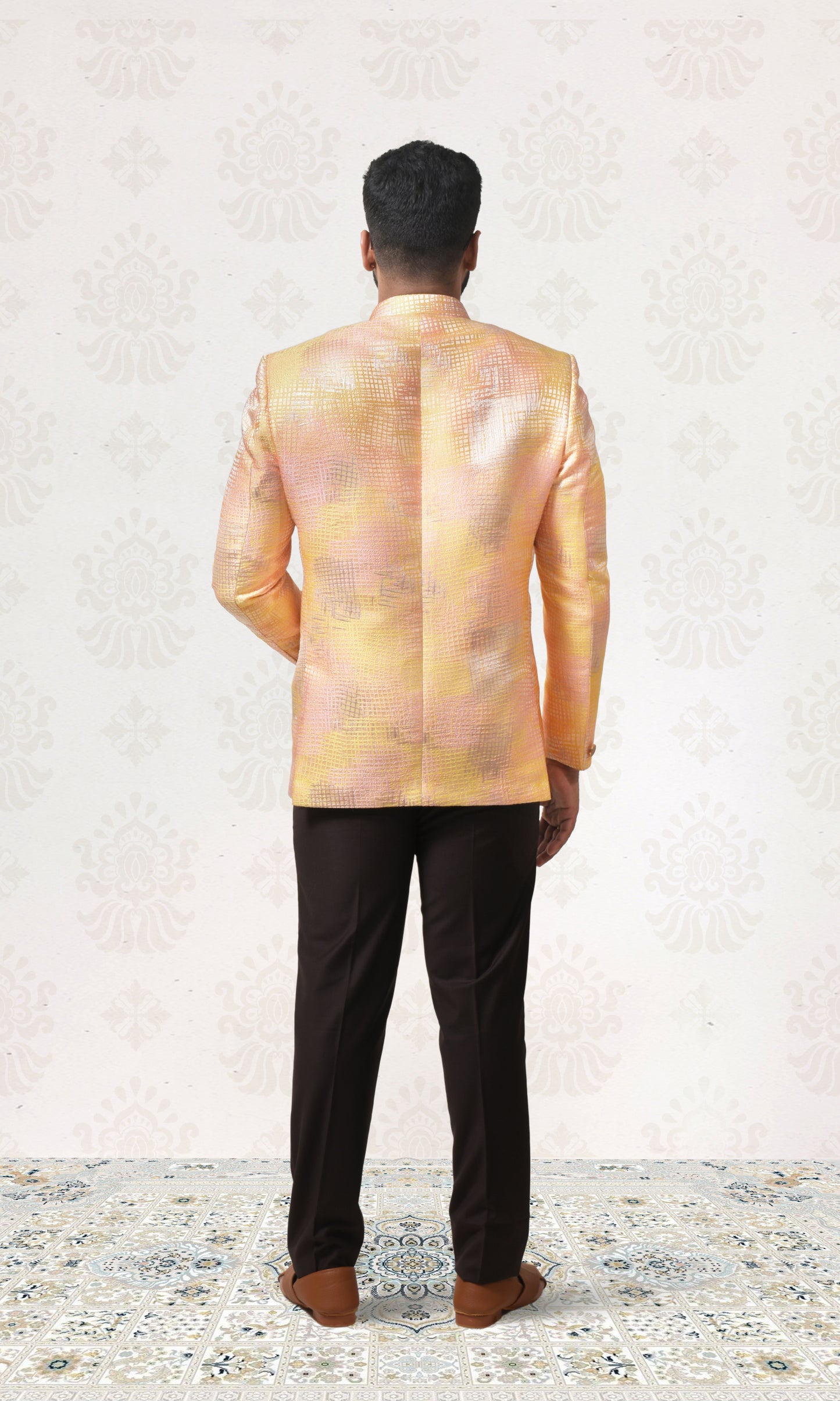 Sunlit Gold Bandhgala with Shimmering Crosshatch Design