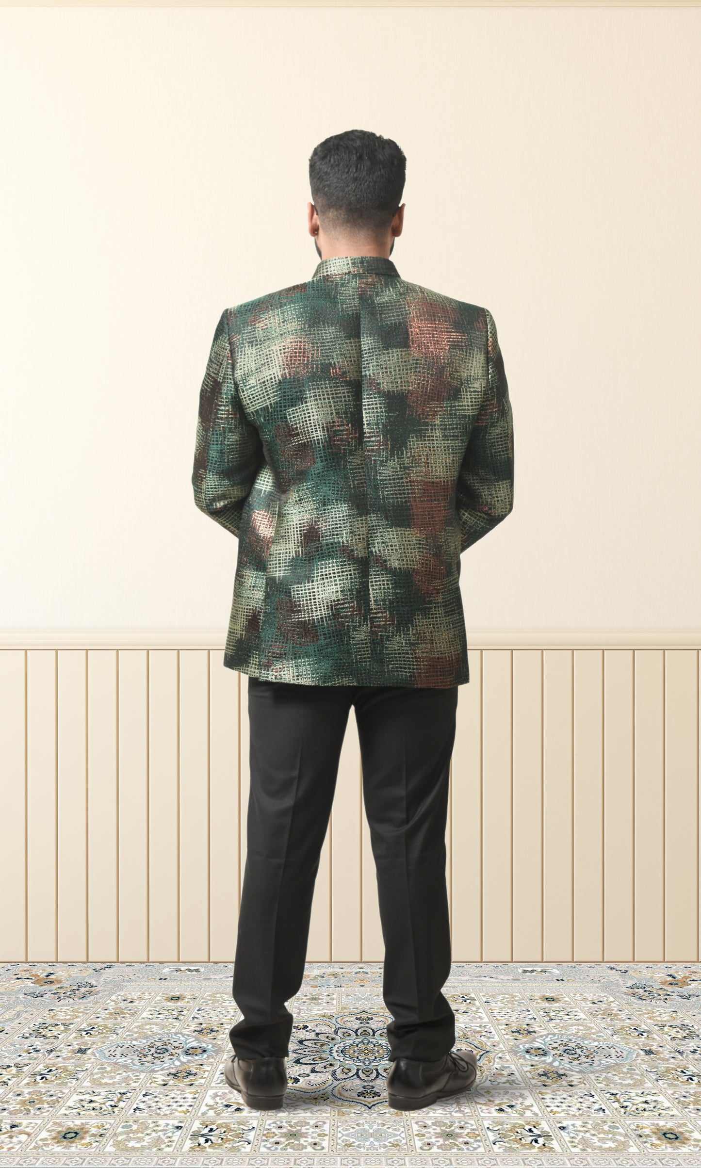 Forest green bandhgala with a Shimmering crosshatch design