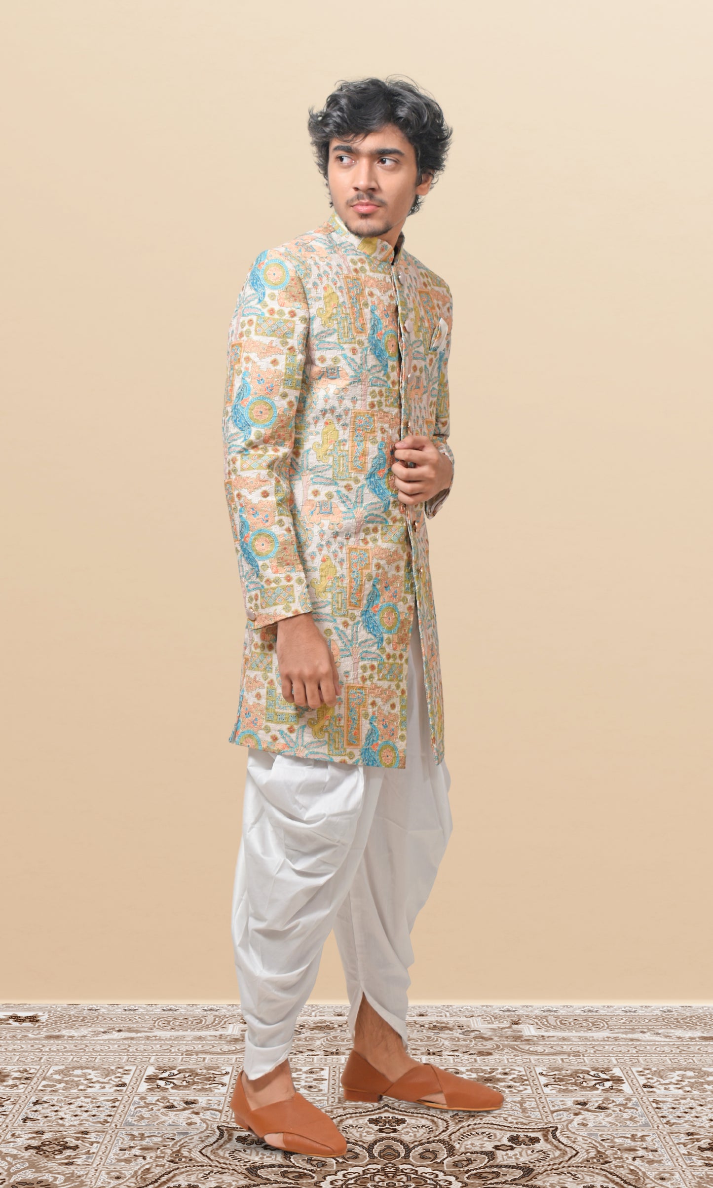 Ivory Mosaic Indo-Western with Majestic Fauna Embroidery