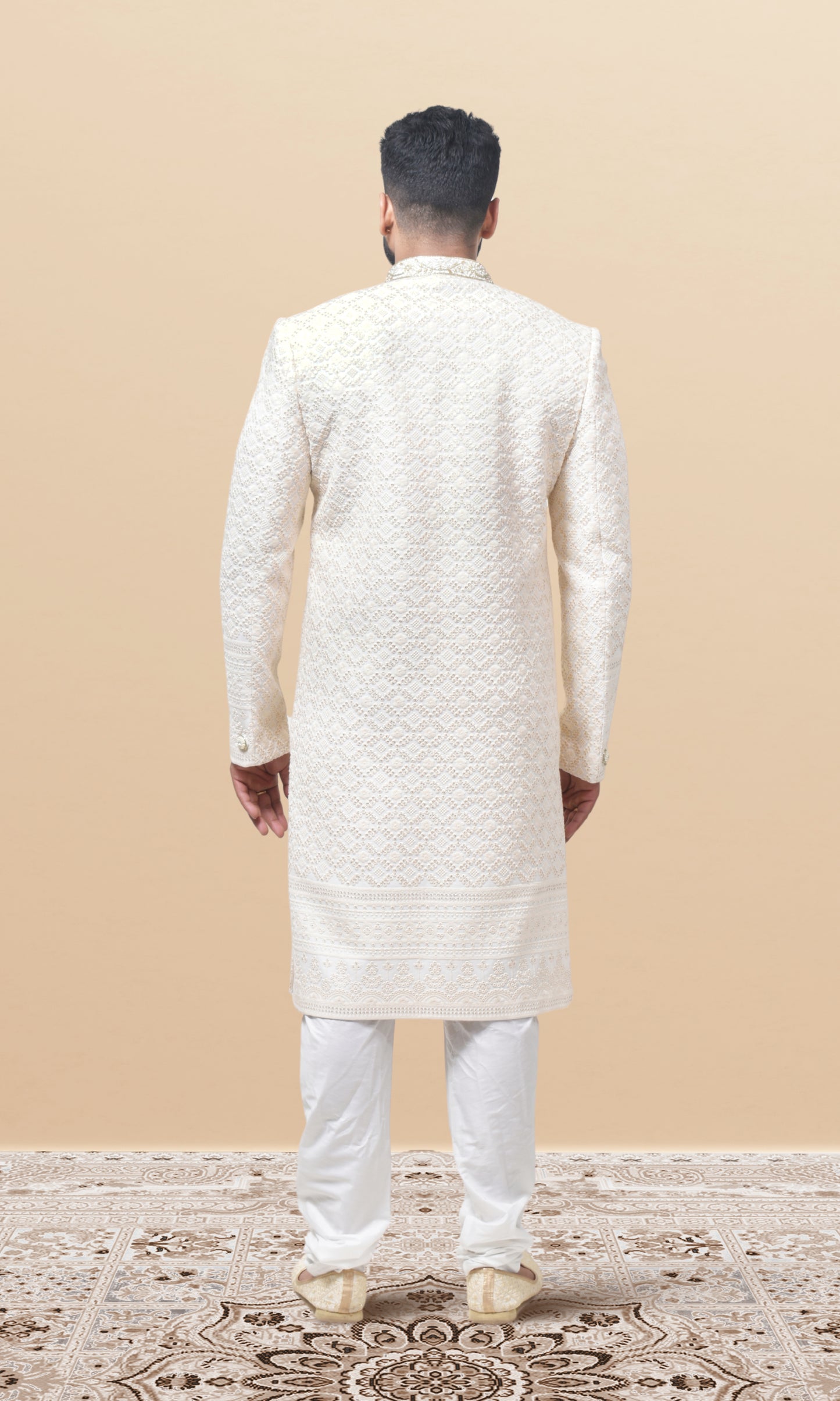 Regal Ivory Georgette Brocade Sherwani with Ornate Zari Weaving & Handcrafted Buttons