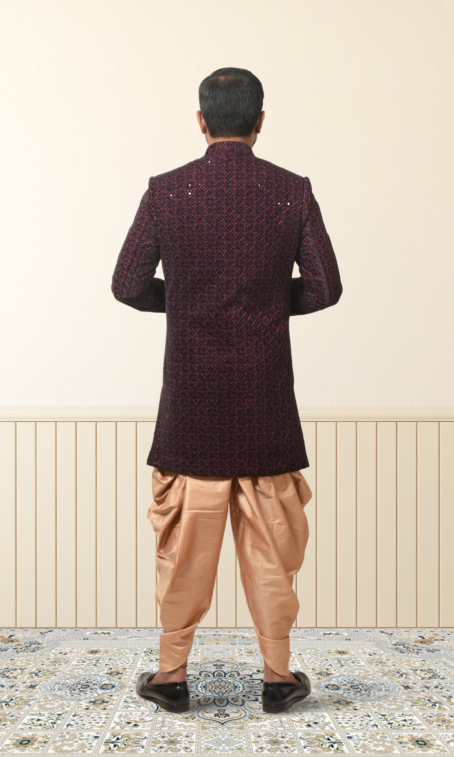 Midnight Ruby Indo-Western with Ornate Lattice Embroidery
