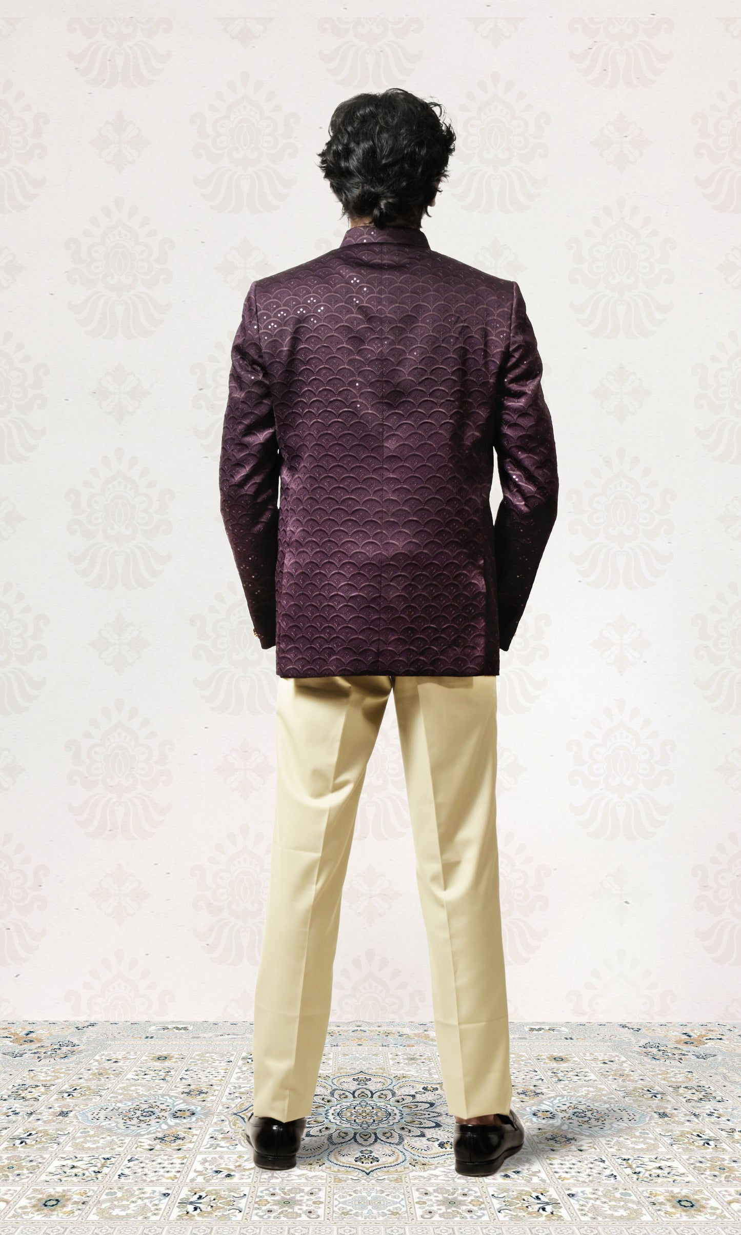 Velvet Grape Mulberry Geometric Bandhgala with a Touch of Sparkle