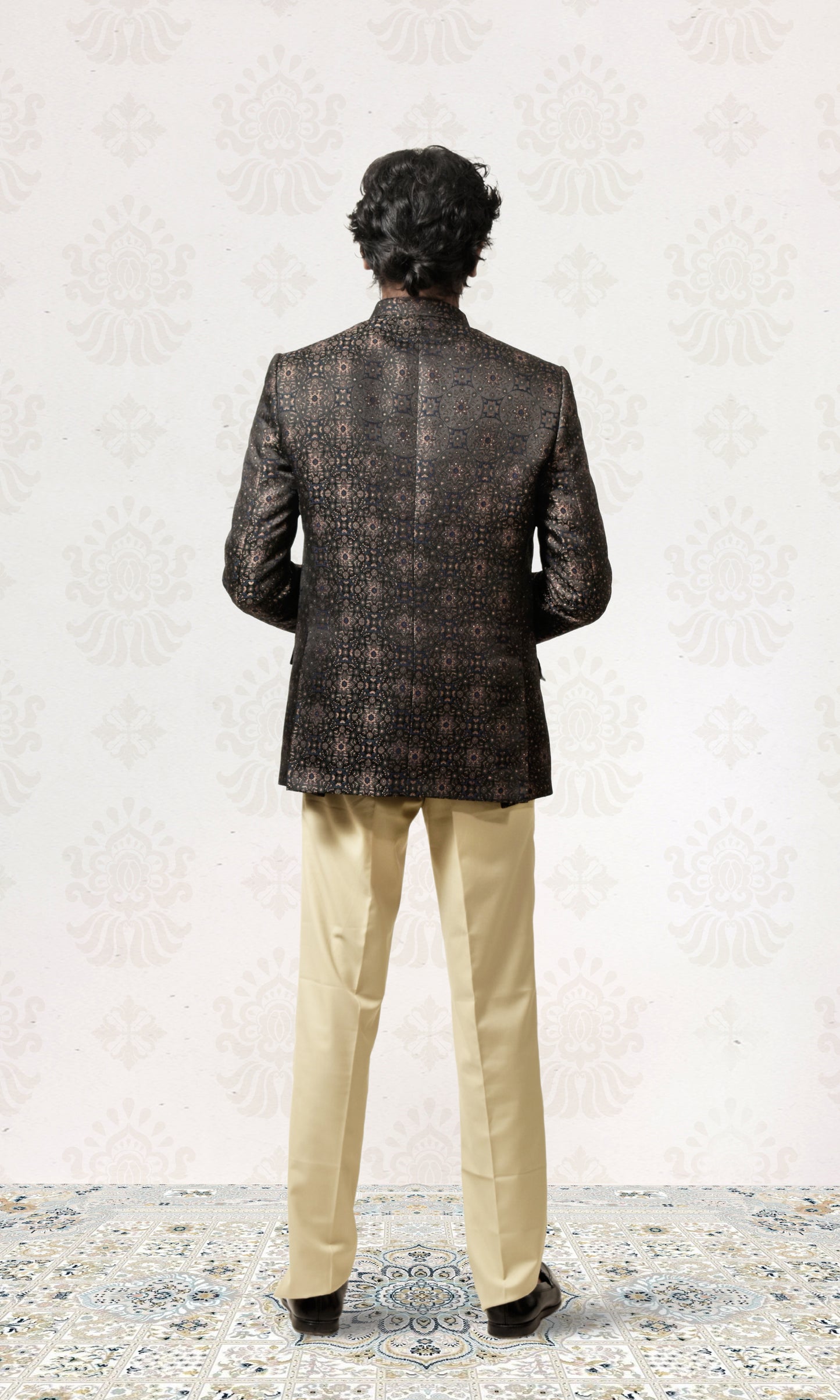 Elegant navy brocade bandhgala with luxurious golden detailing