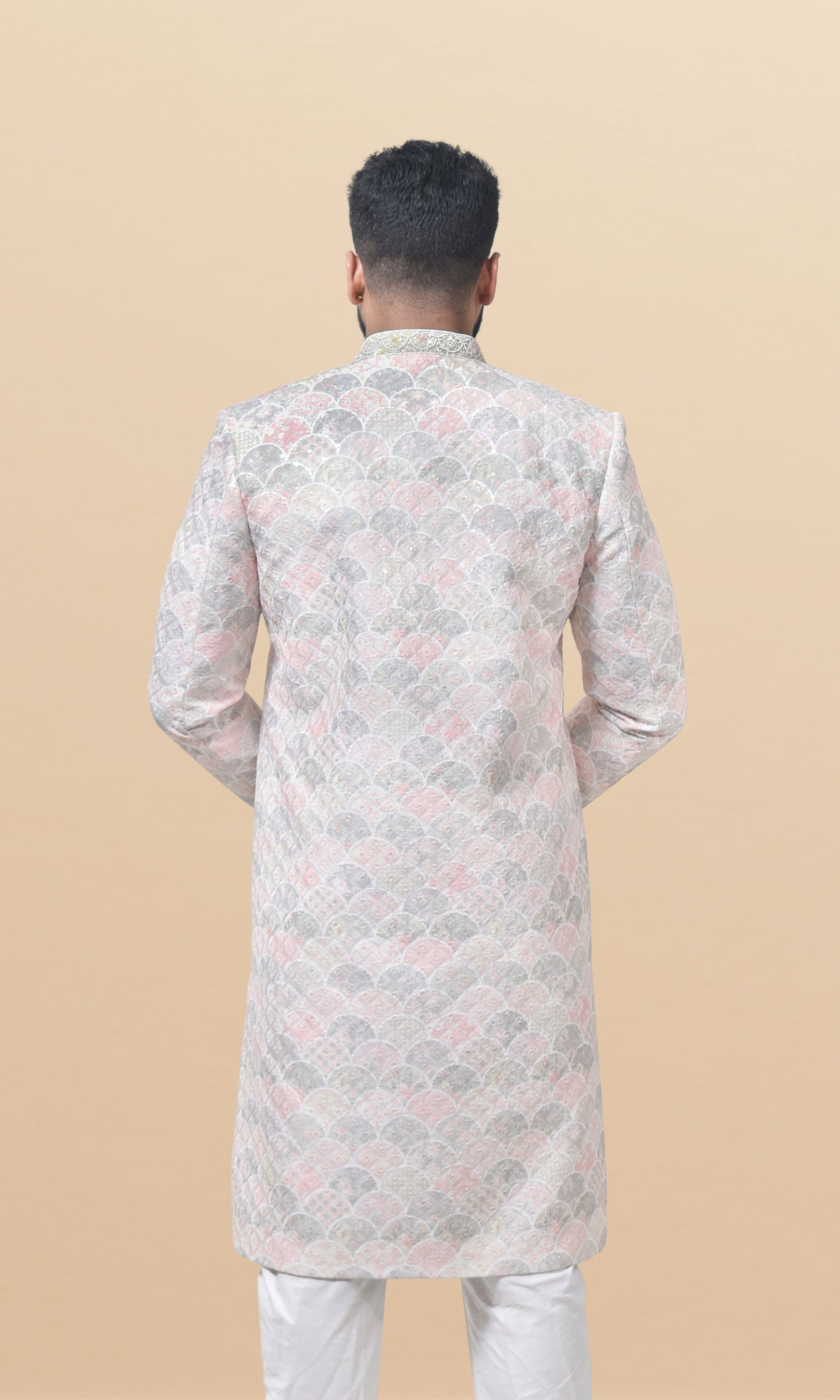 Moonlit Rose Scallop-Embroidered Sherwani with Enchanted Pastel Accents & Ornate Collar