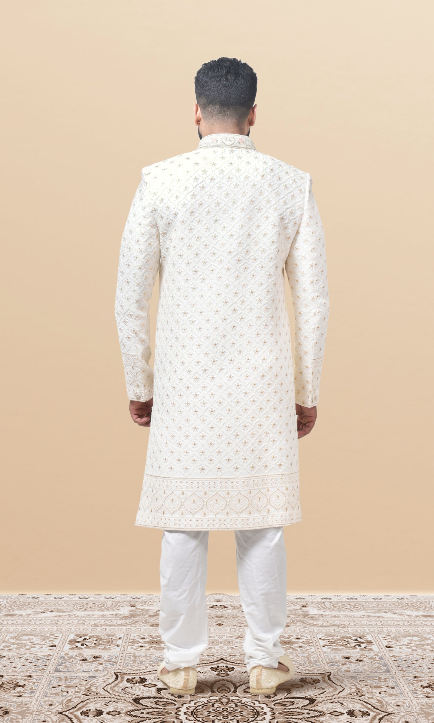 Champagne Gold Sherwani in Textured Georgette with Royal Collar Detailing