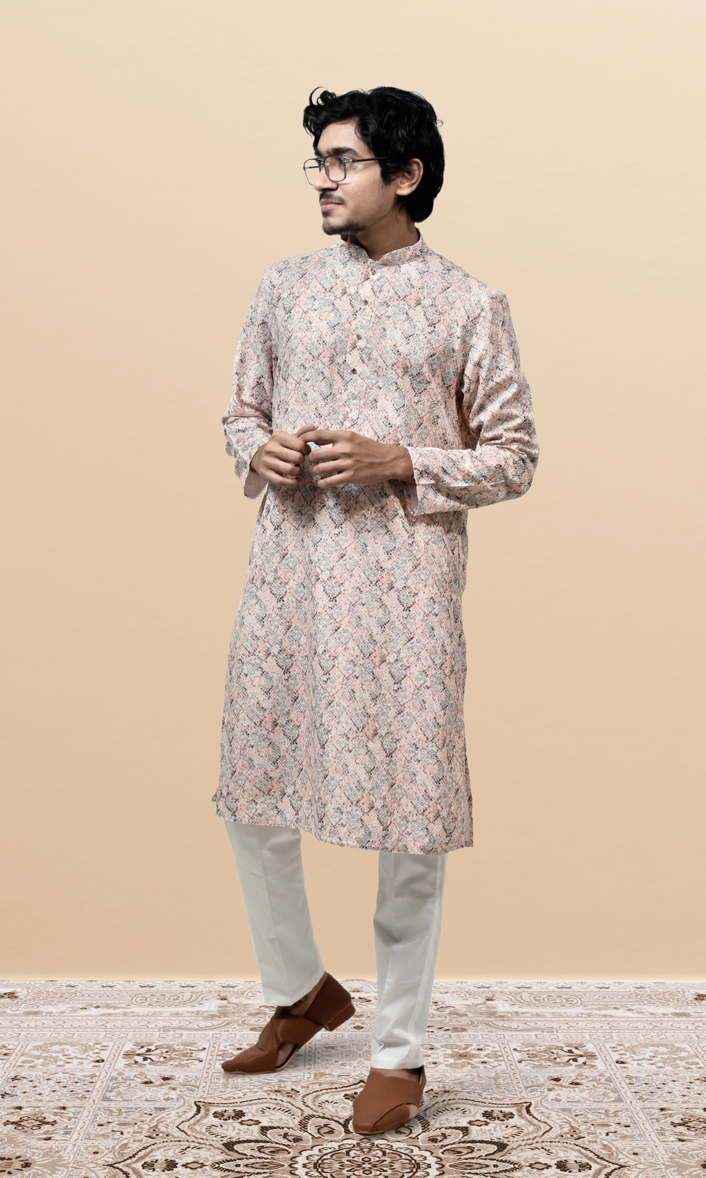 Soft Peach & Grey Pixel Patterned Kurta with Subtle Shimmer