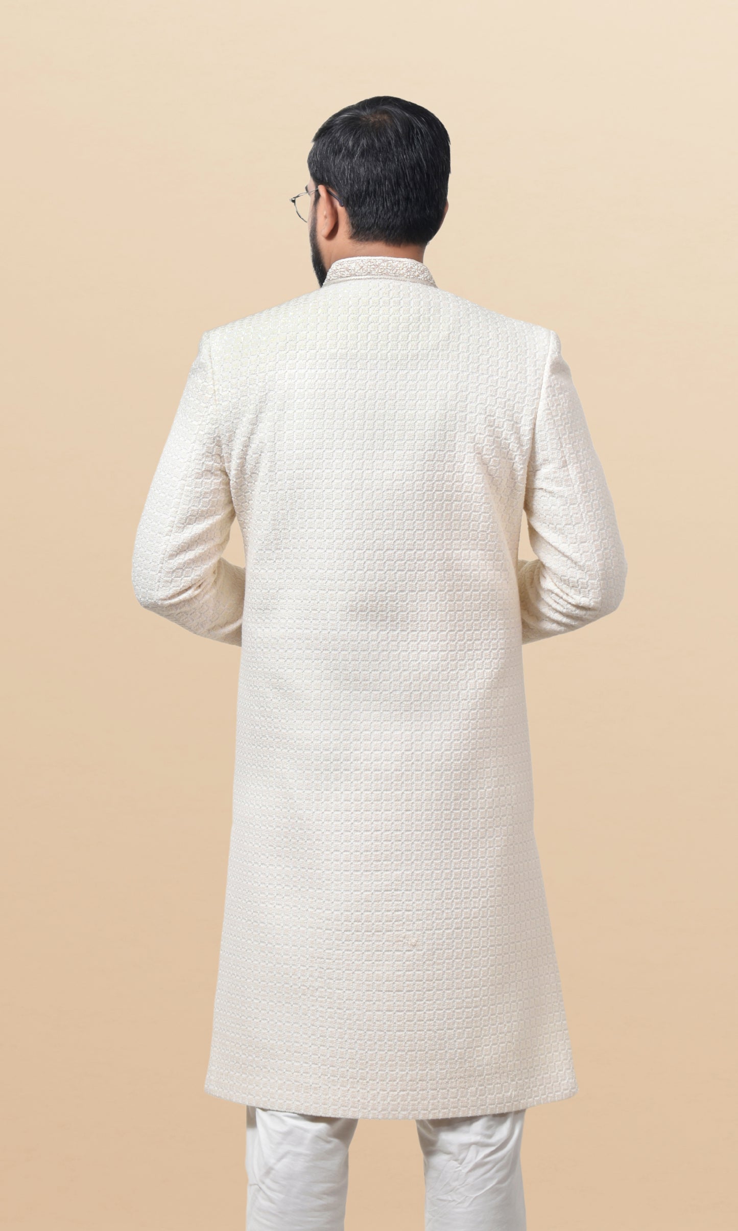 Pearl White Grid-Pattern Sherwani with Embroidered Cuffs & Jewel Buttons