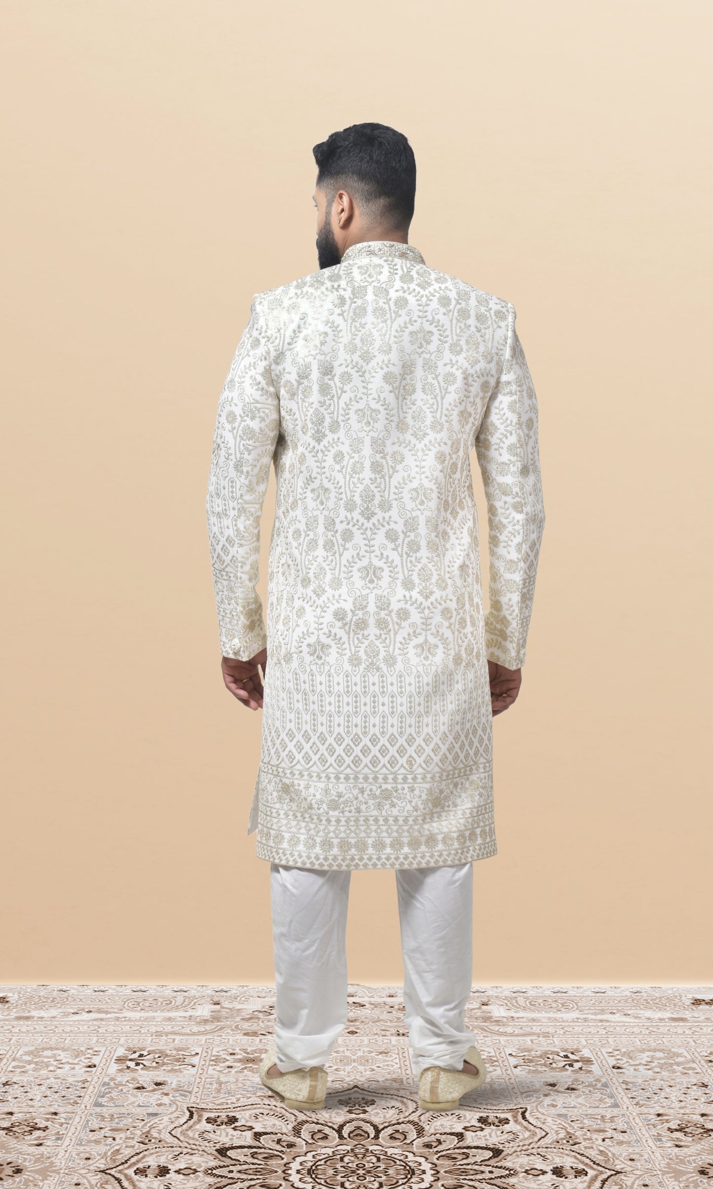 Regal Pearl White Embroidered Sherwani with Heritage-Inspired Floral Motifs
