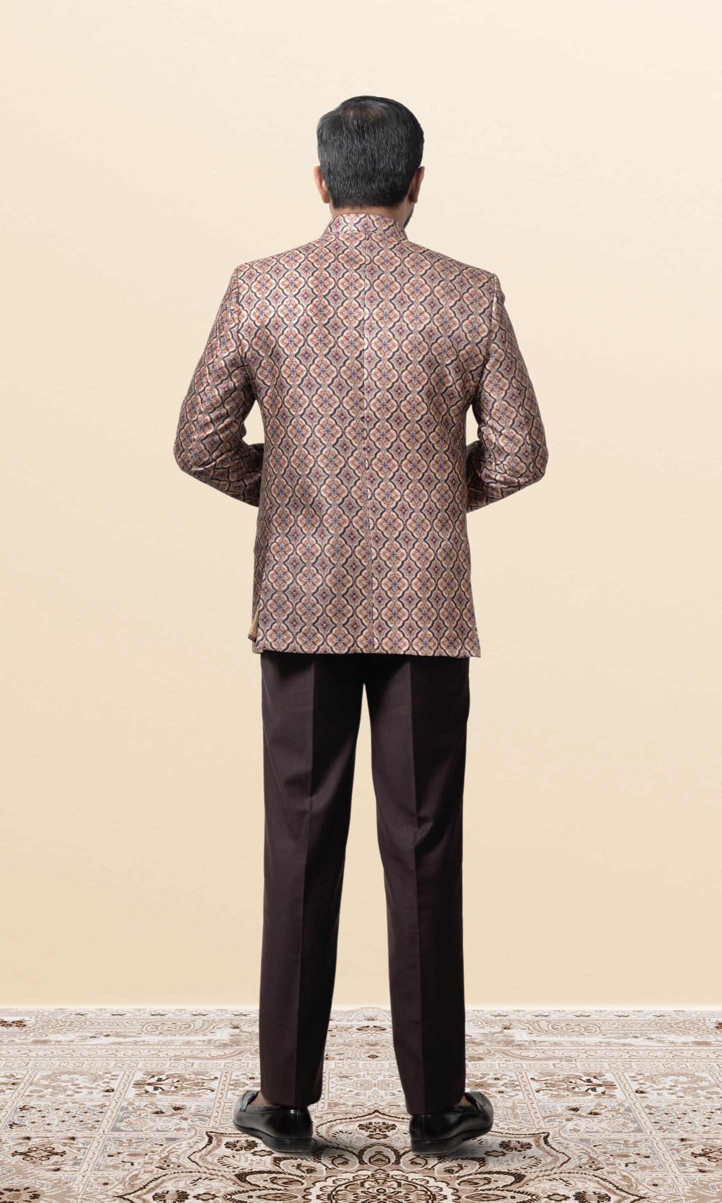 Beige & Brown Intricate Floral Lattice Bandhgala