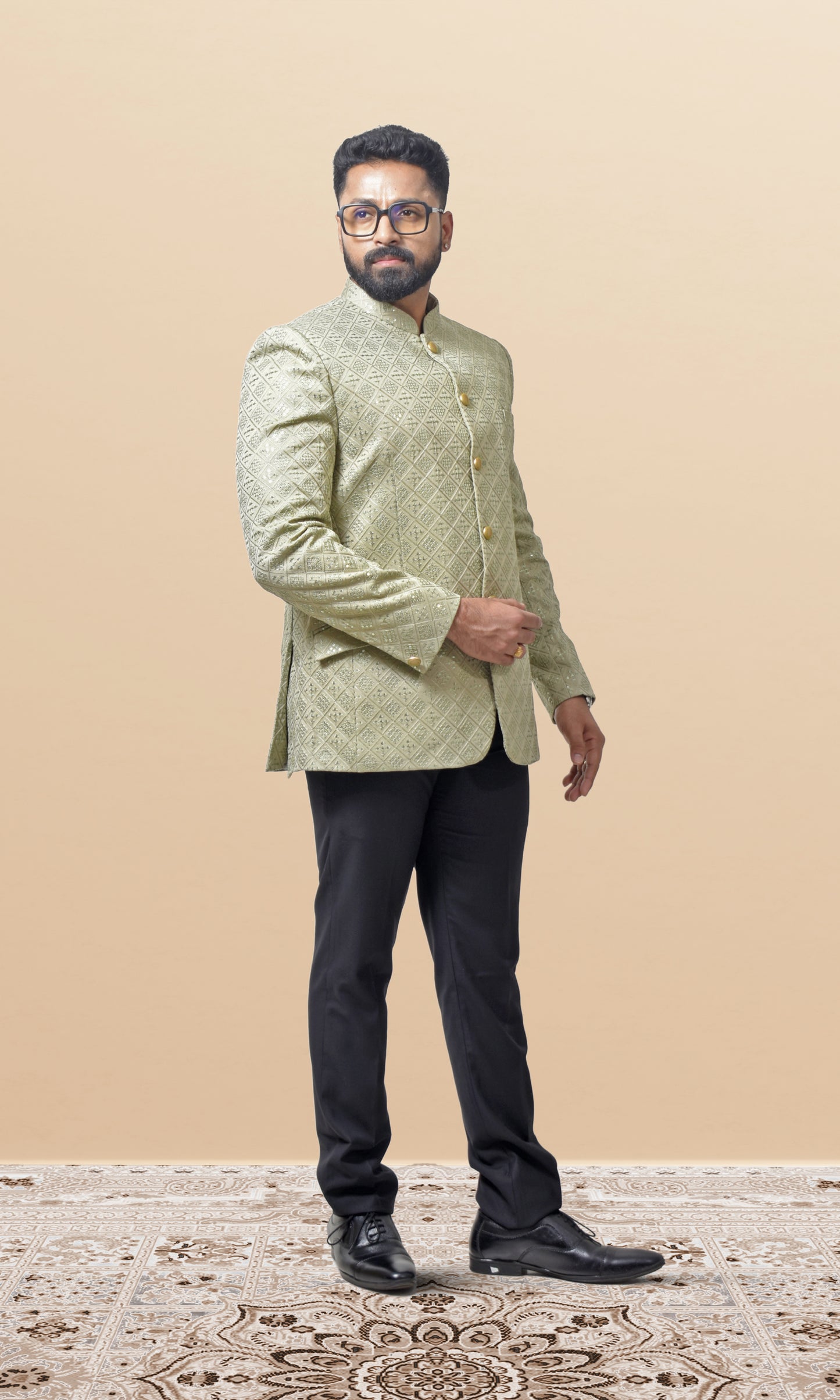 Sage Green Geometric Bandhgala with Sparkling Embellishments