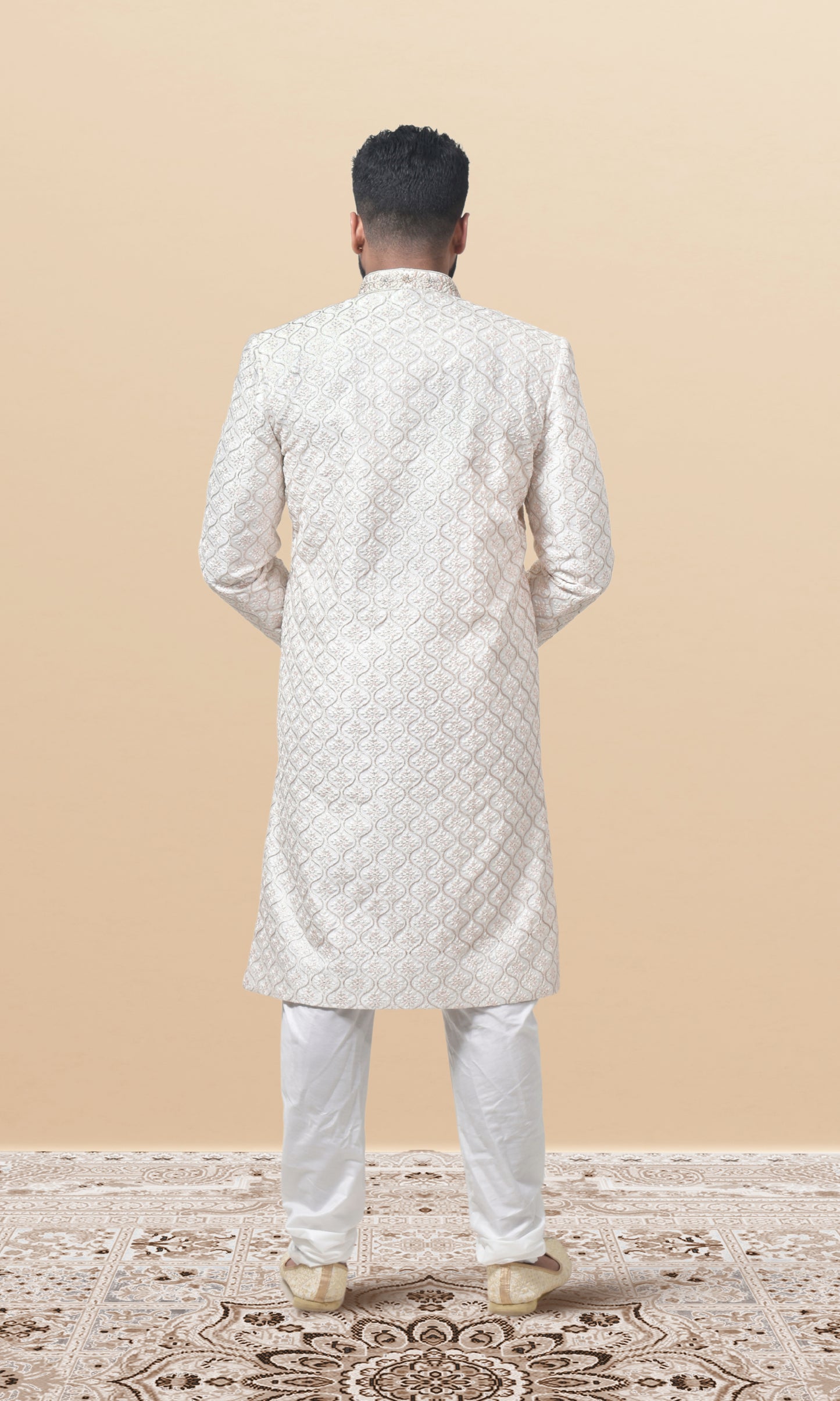 Ivory Cascade Sherwani with Ornate Wave Embroidery & Pearl Majesty