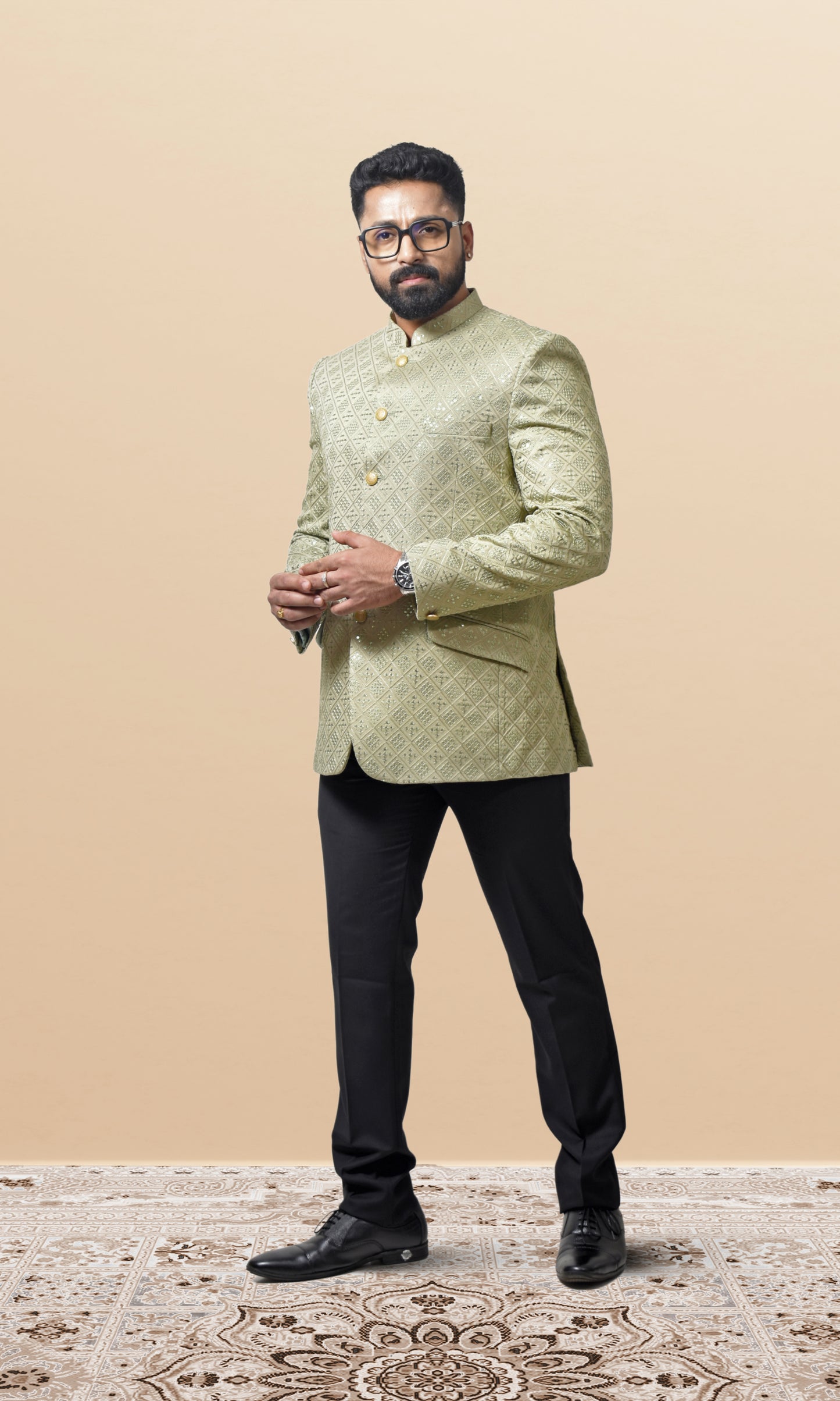 Sage Green Geometric Bandhgala with Sparkling Embellishments
