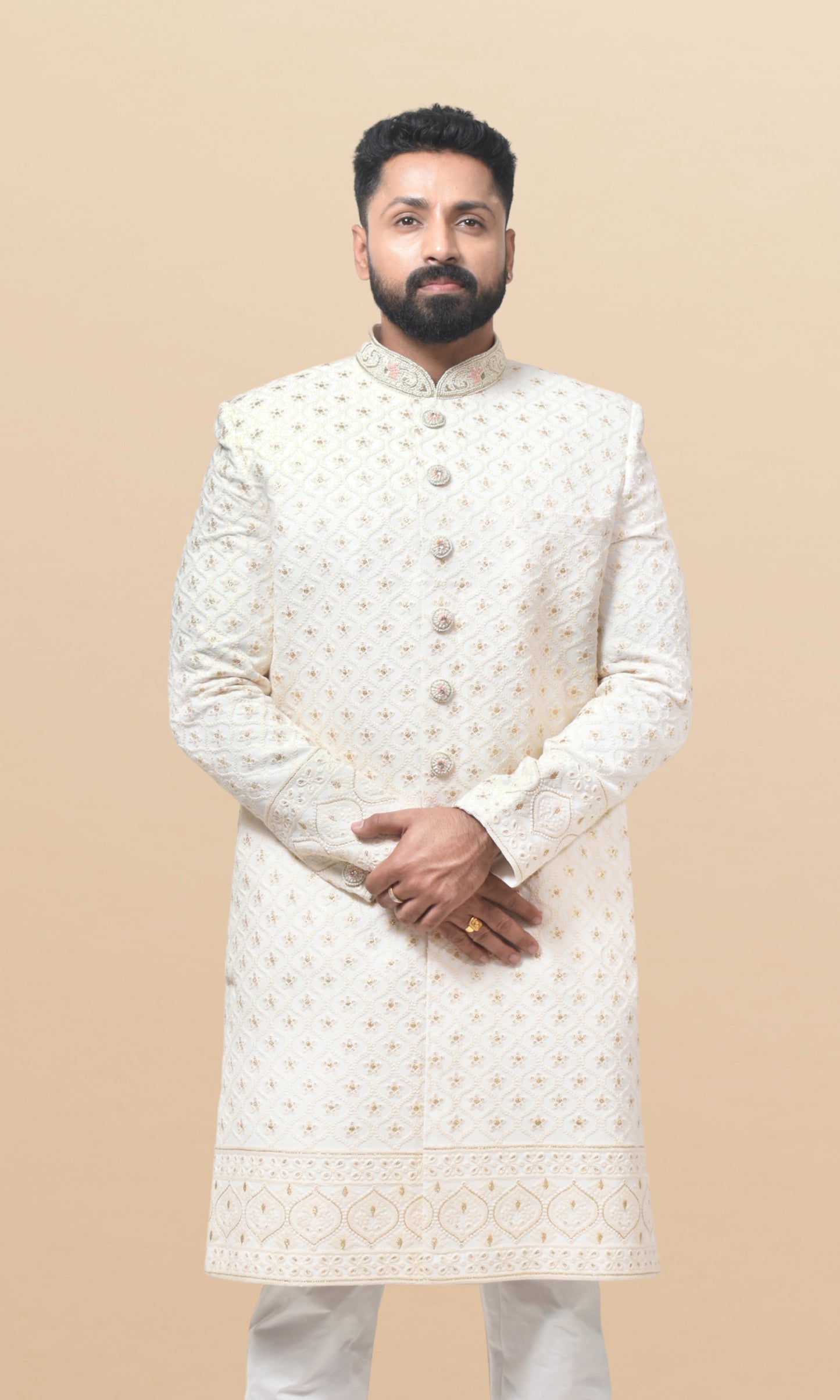 Champagne Gold Sherwani in Textured Georgette with Royal Collar Detailing