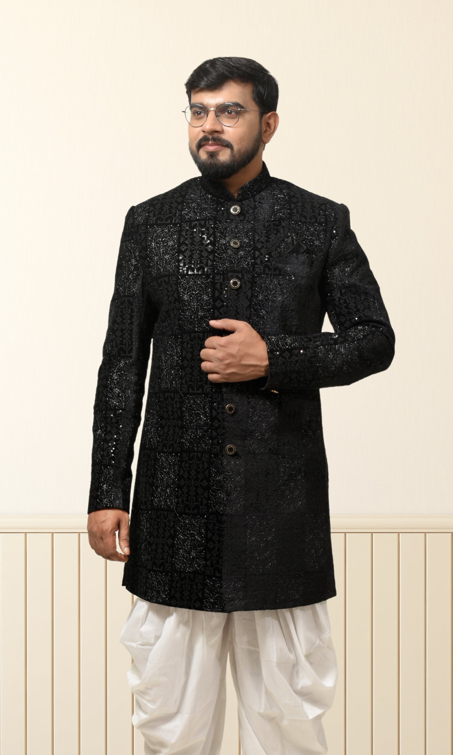 Midnight Royale Black Indo-Western with Opulent Sequins & Intricate Geometric Thread Embroidery