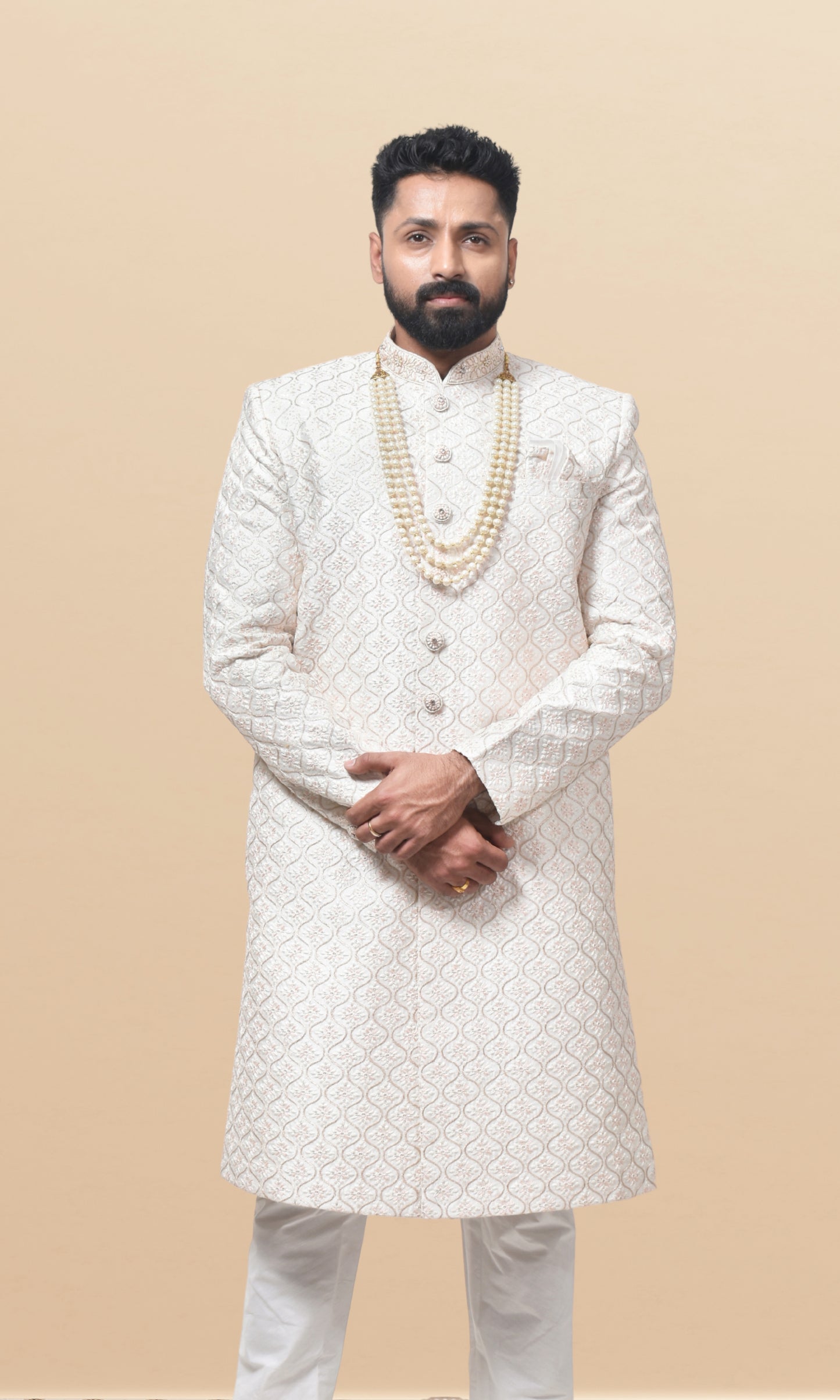 Ivory Cascade Sherwani with Ornate Wave Embroidery & Pearl Majesty