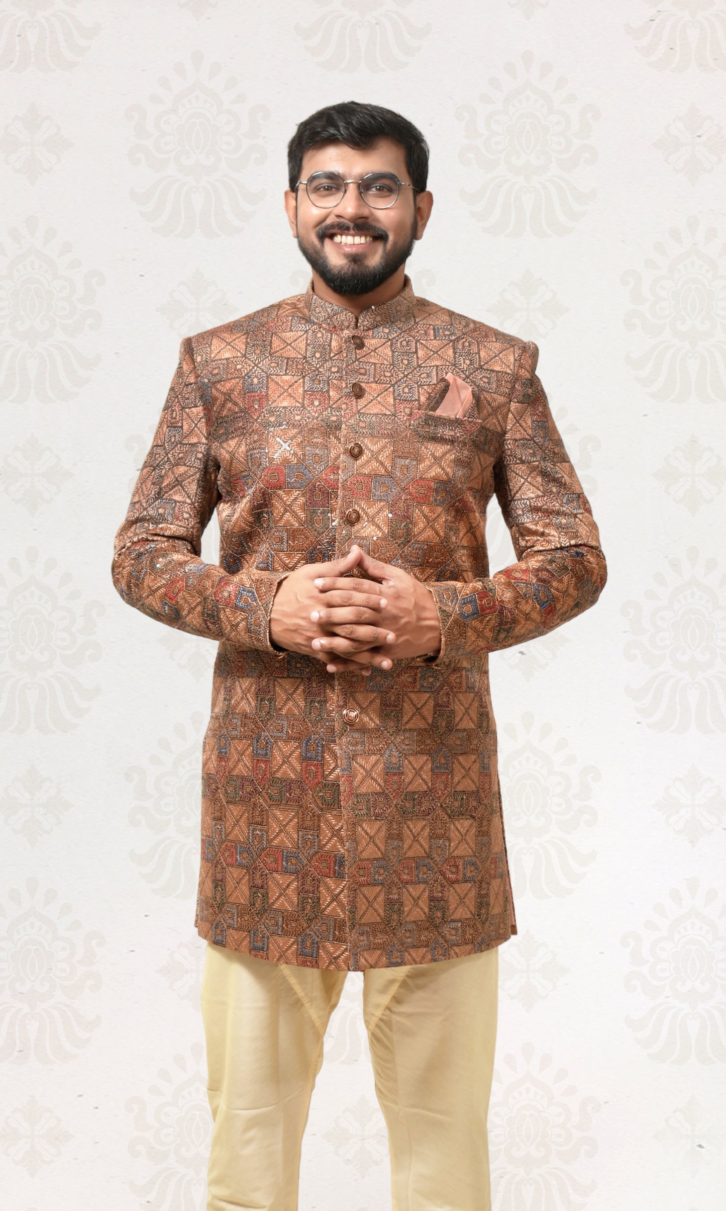 Sandstone Gold Enigma Indo-Western with Geometric Foliage Embroidery