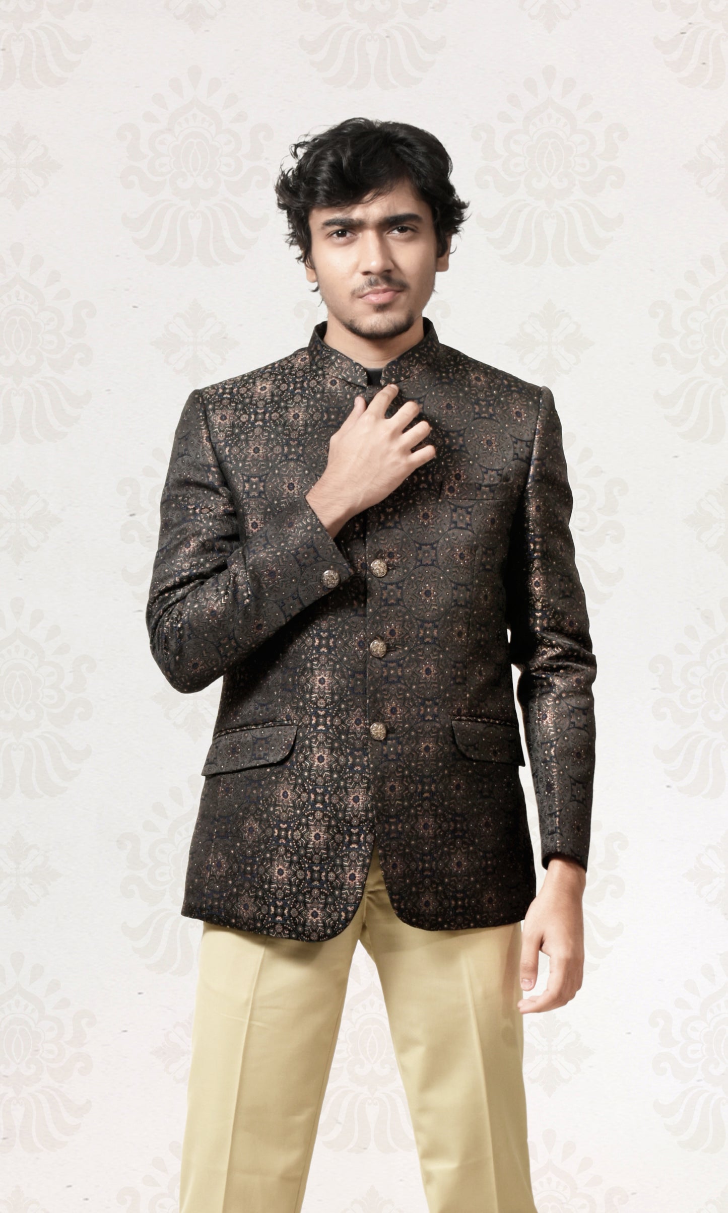 Elegant navy brocade bandhgala with luxurious golden detailing