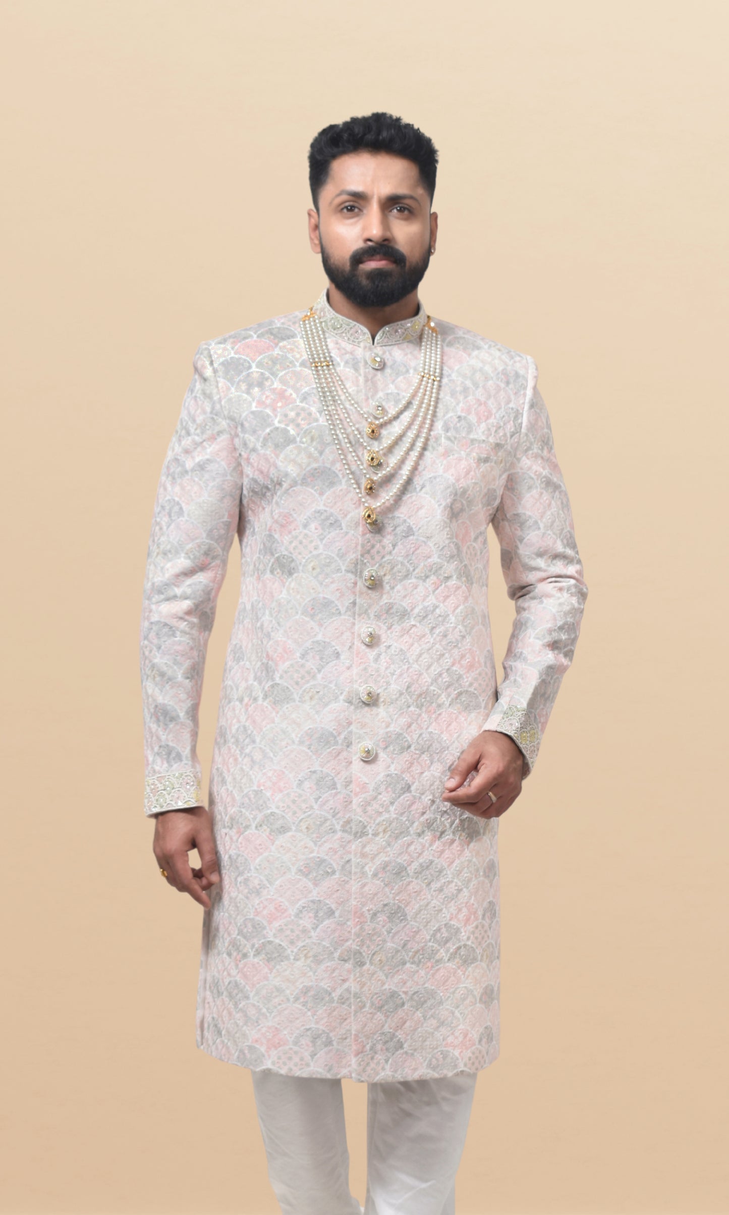 Moonlit Rose Scallop-Embroidered Sherwani with Enchanted Pastel Accents & Ornate Collar