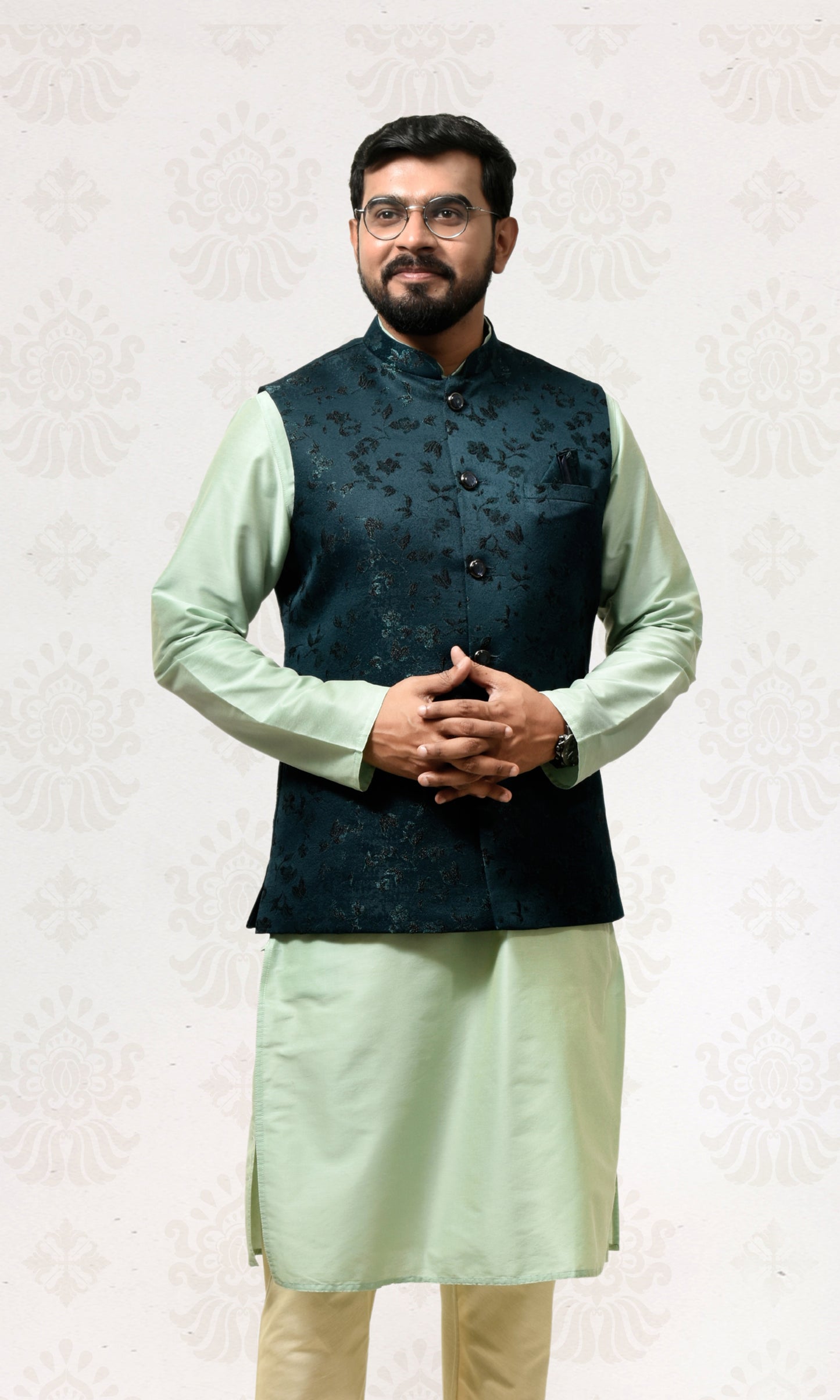 Forest Teal Jacket with Velvet Floral Embroidery