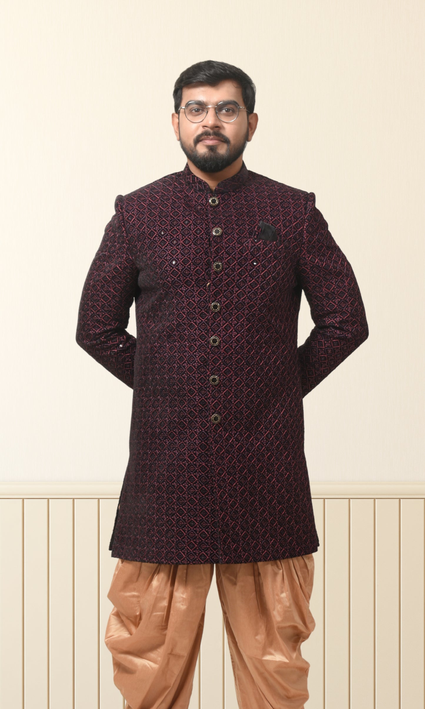 Midnight Ruby Indo-Western with Ornate Lattice Embroidery