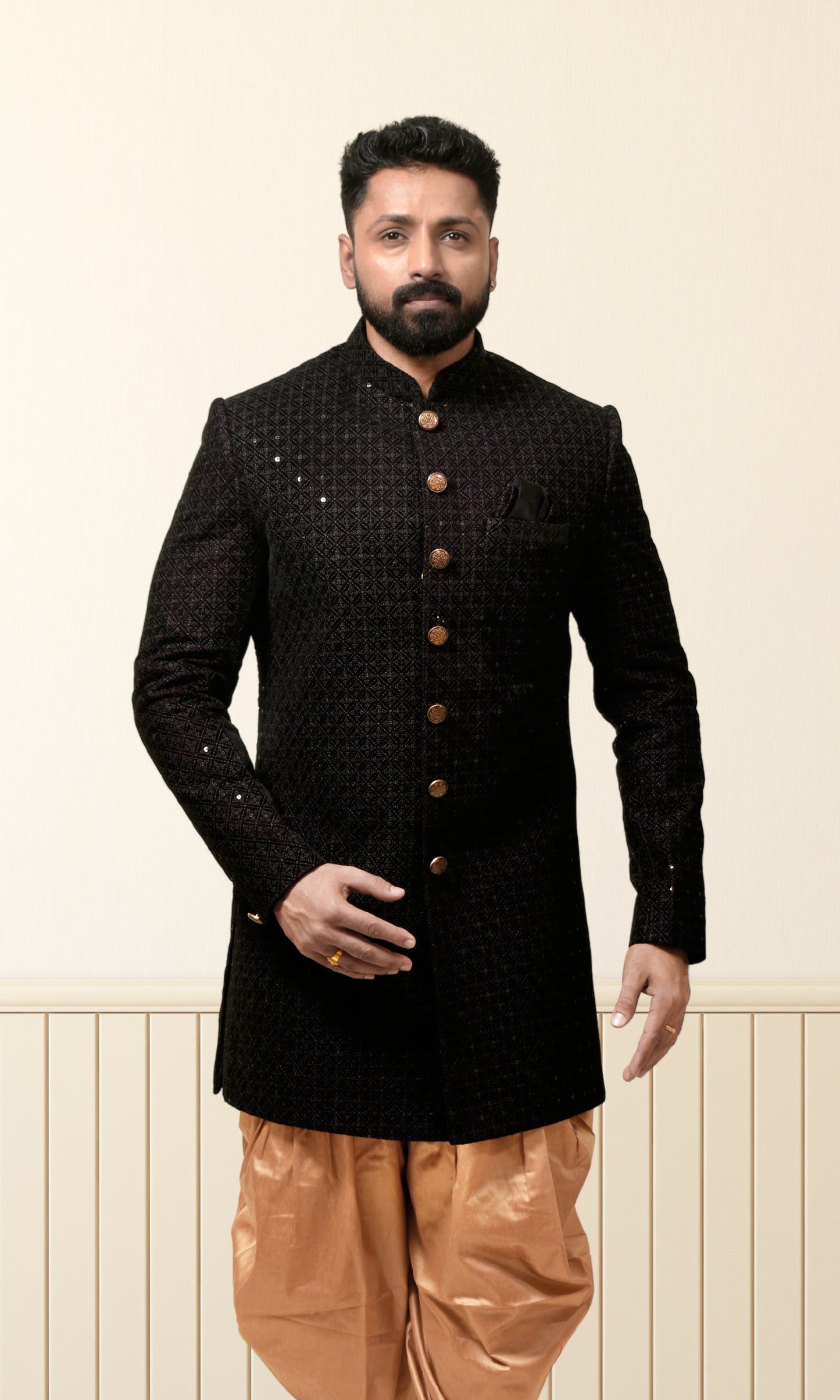Shahi Mehfil Wine Indo-Western with Quilted Sequin Weave