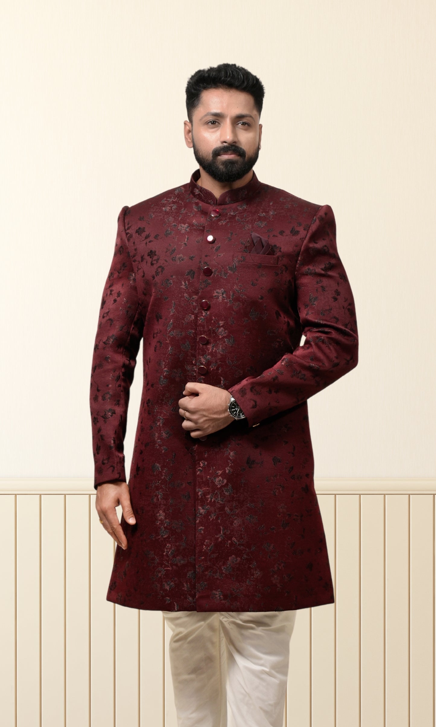 Burgundy Wine Indo-Western with Velvet Floral Embroidery