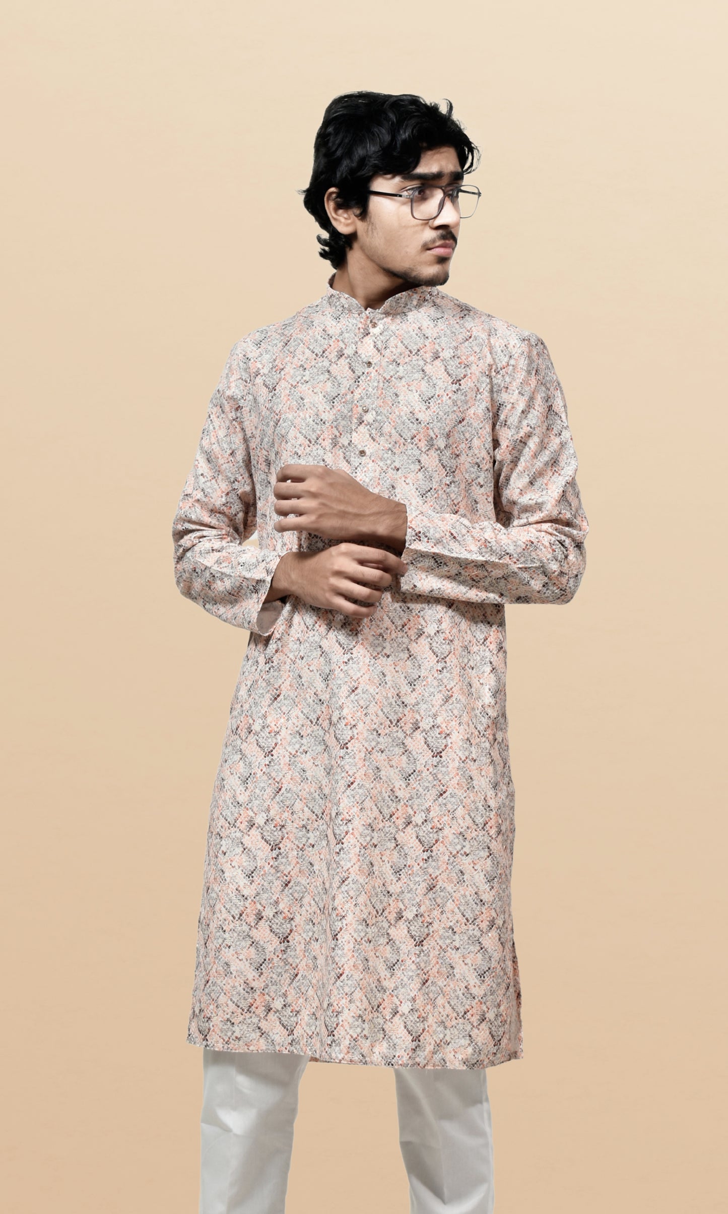 Soft Peach & Grey Pixel Patterned Kurta with Subtle Shimmer