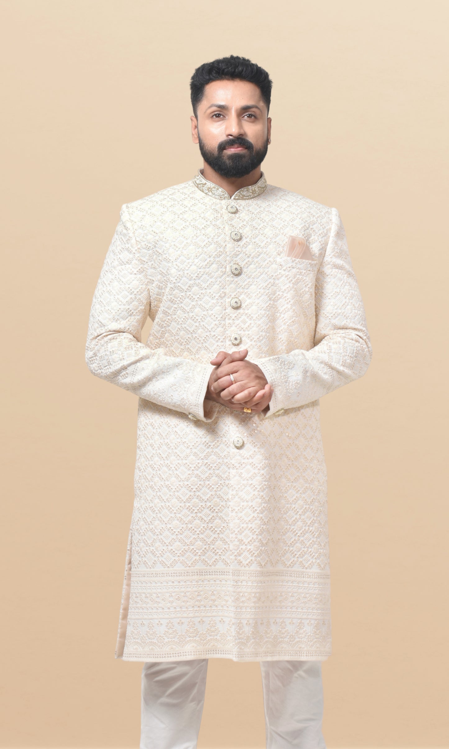 Regal Ivory Georgette Brocade Sherwani with Ornate Zari Weaving & Handcrafted Buttons
