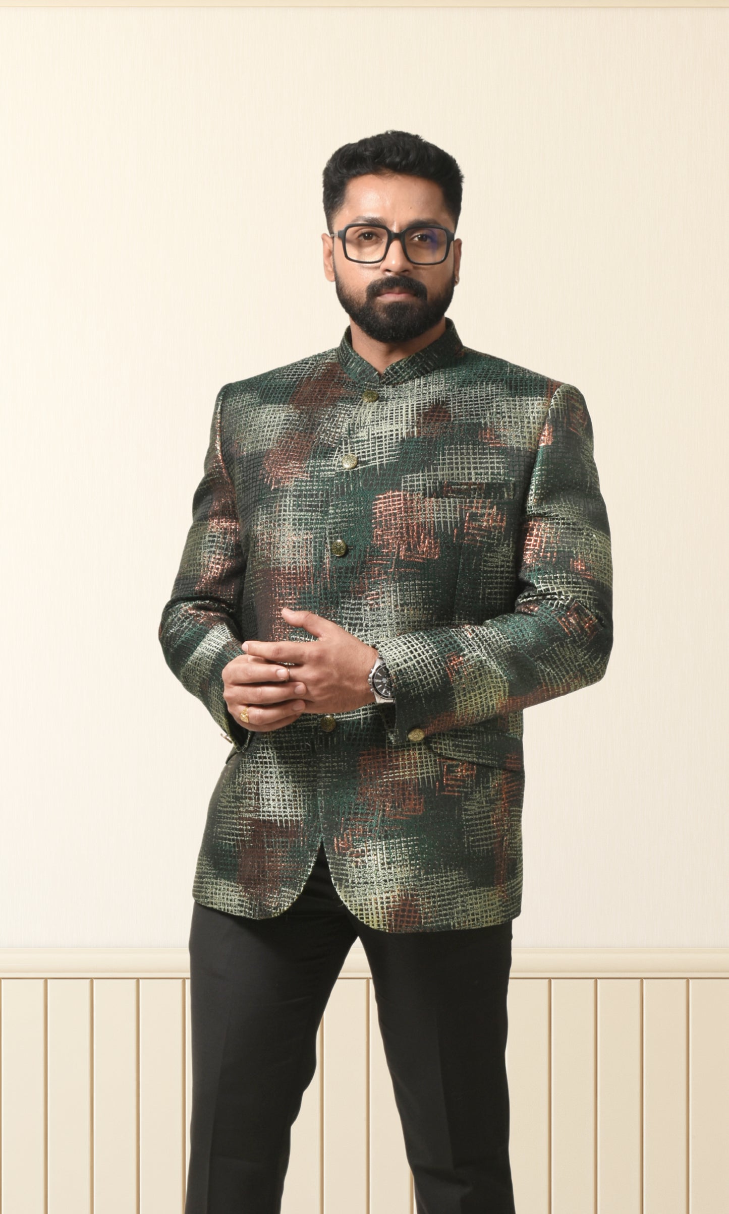 Forest green bandhgala with a Shimmering crosshatch design