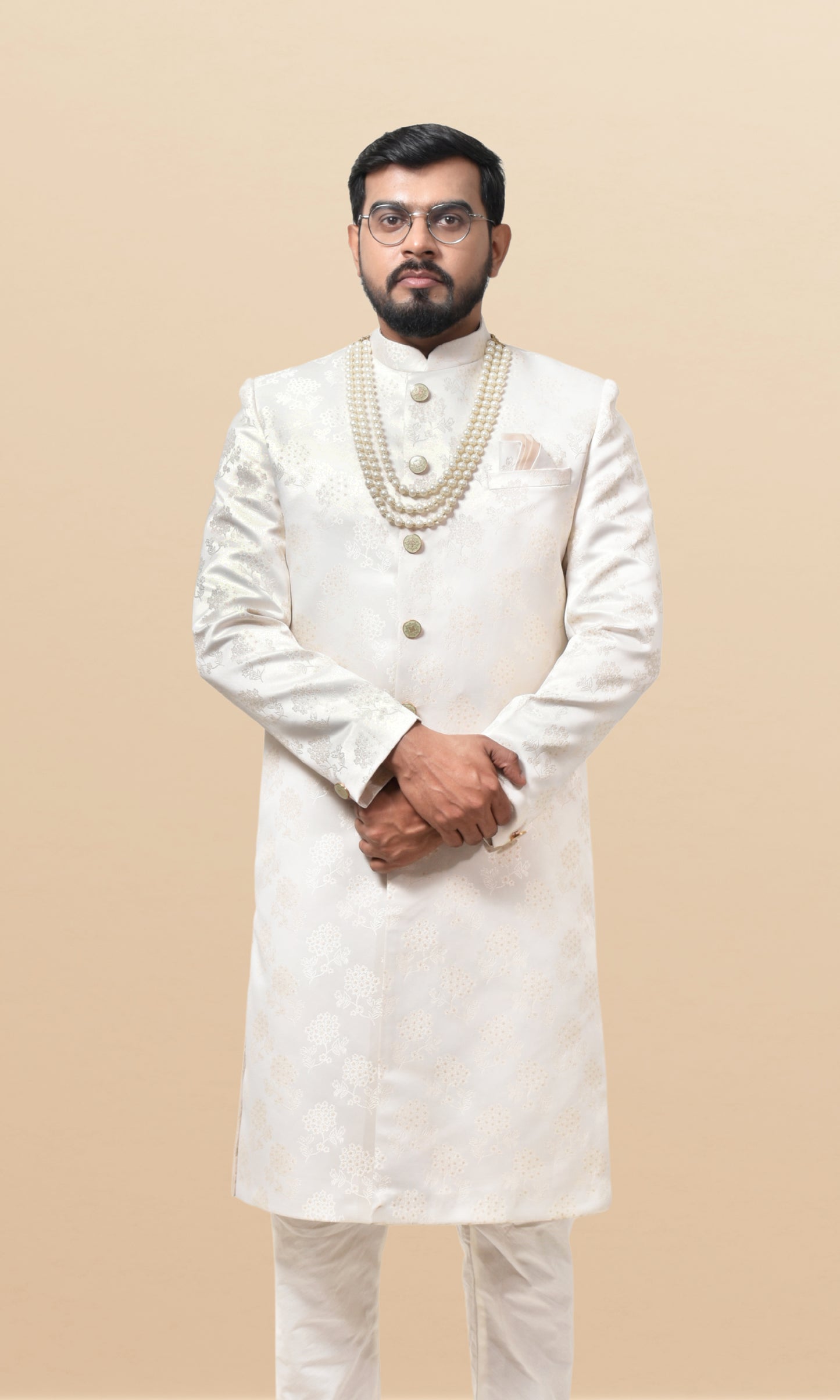 Royal Off-White Jacquard Sherwani with Delicate Floral Motifs