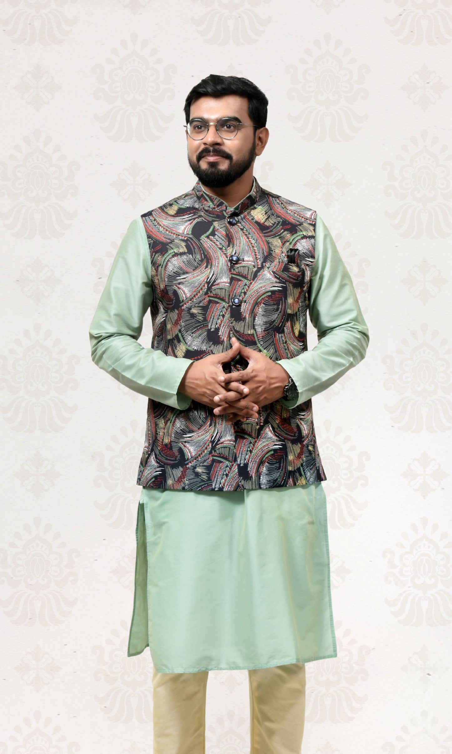 Ebony Crest Jacket with Energetic Weaves Print