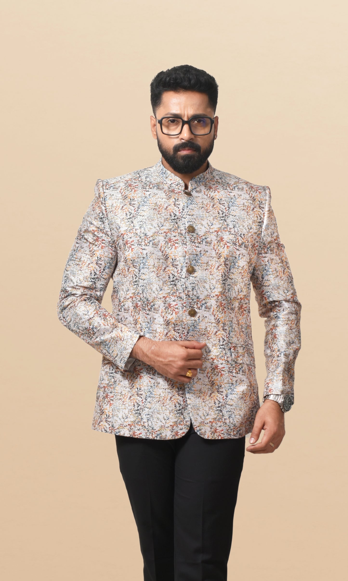 Artistic abstract print bandhgala in off-white with multicolor accents
