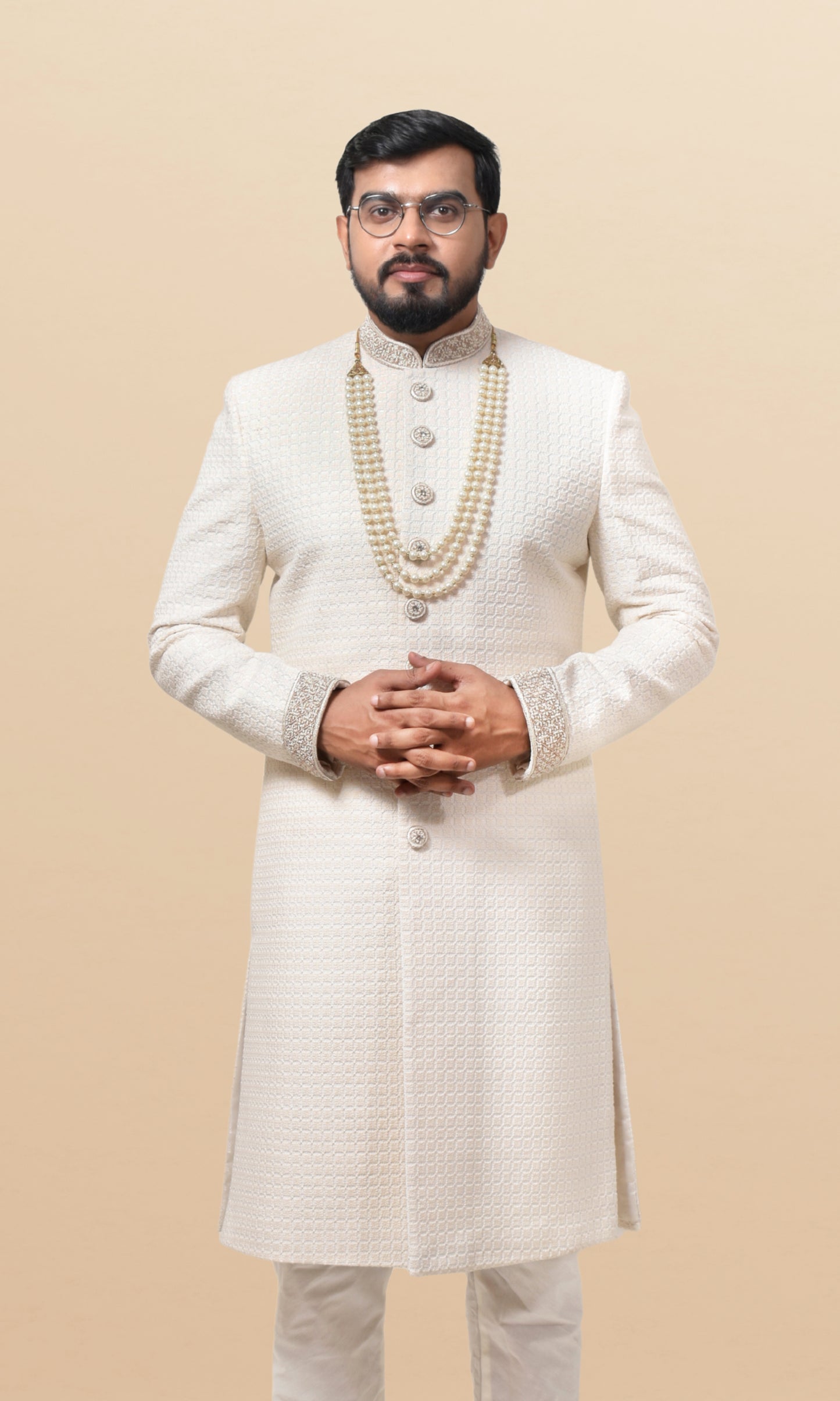 Pearl White Grid-Pattern Sherwani with Embroidered Cuffs & Jewel Buttons