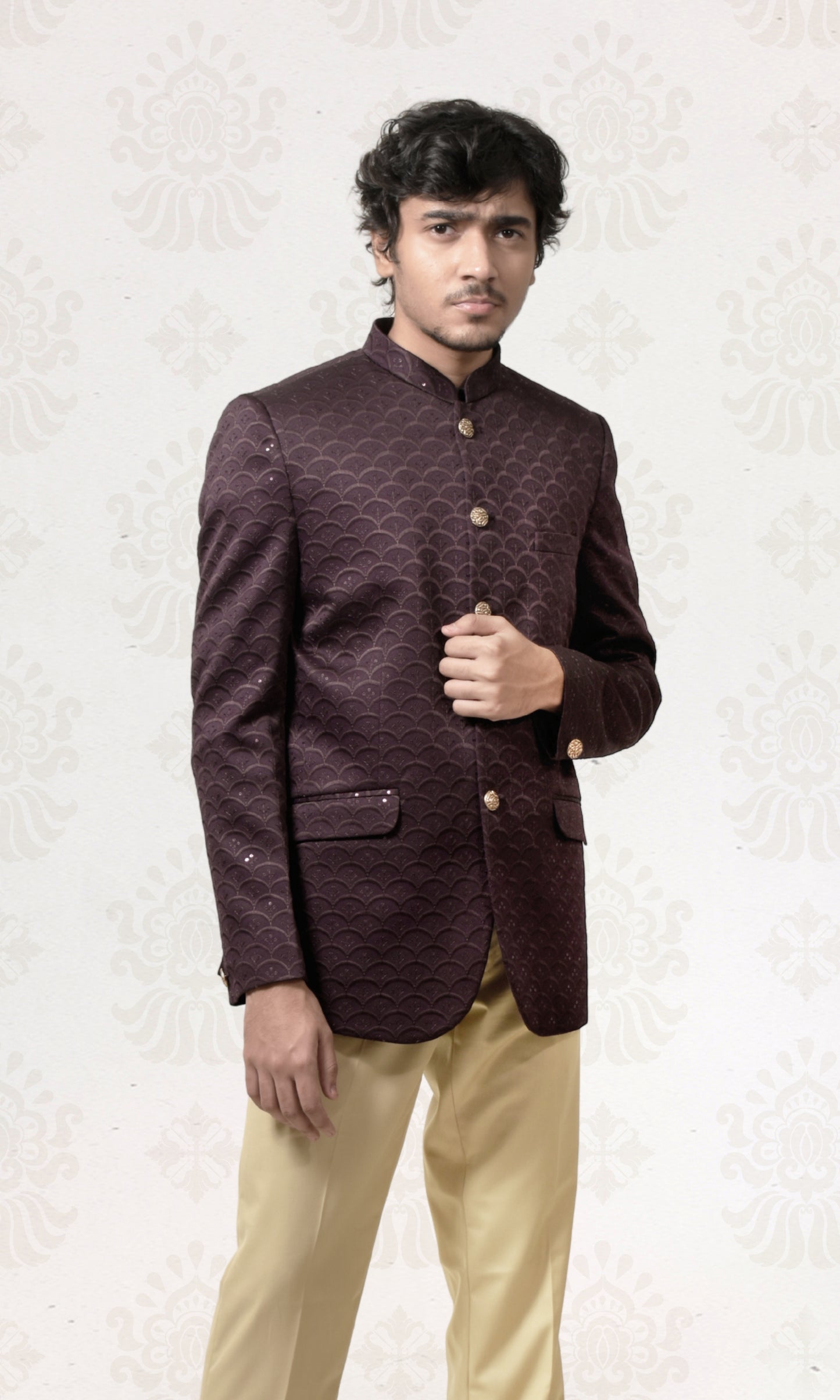 Velvet Grape Mulberry Geometric Bandhgala with a Touch of Sparkle