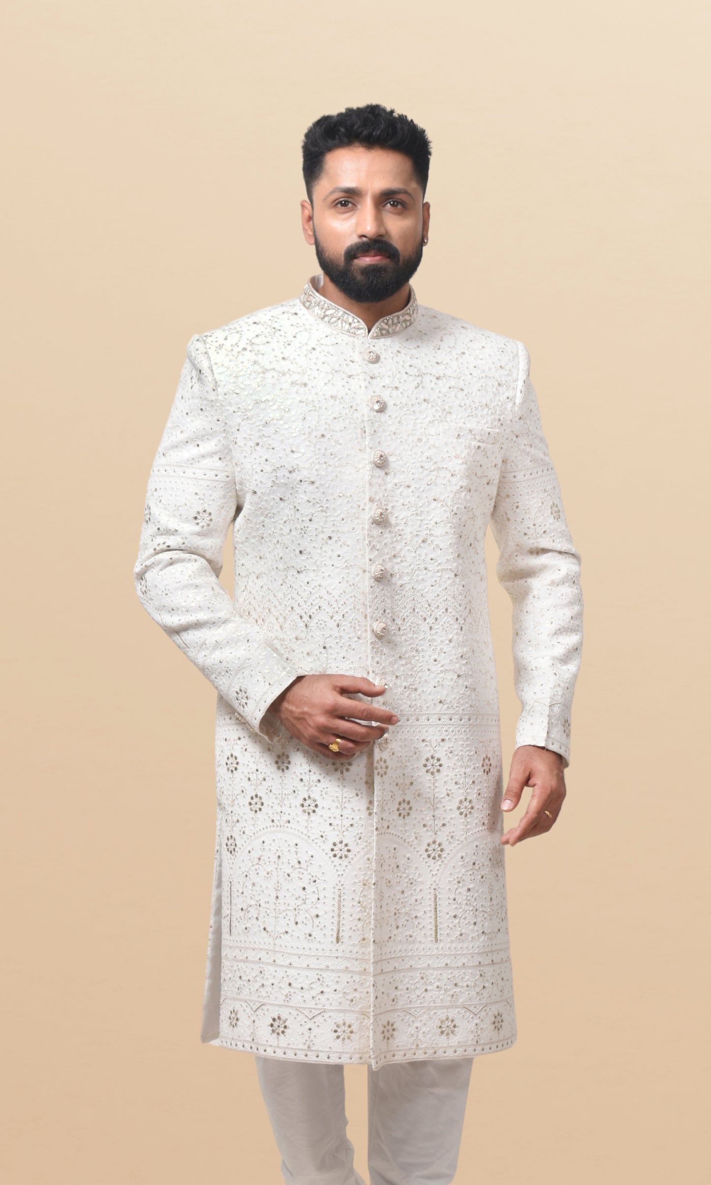 Celestial Ivory Georgette Sherwani with Intricate Thread Filigree