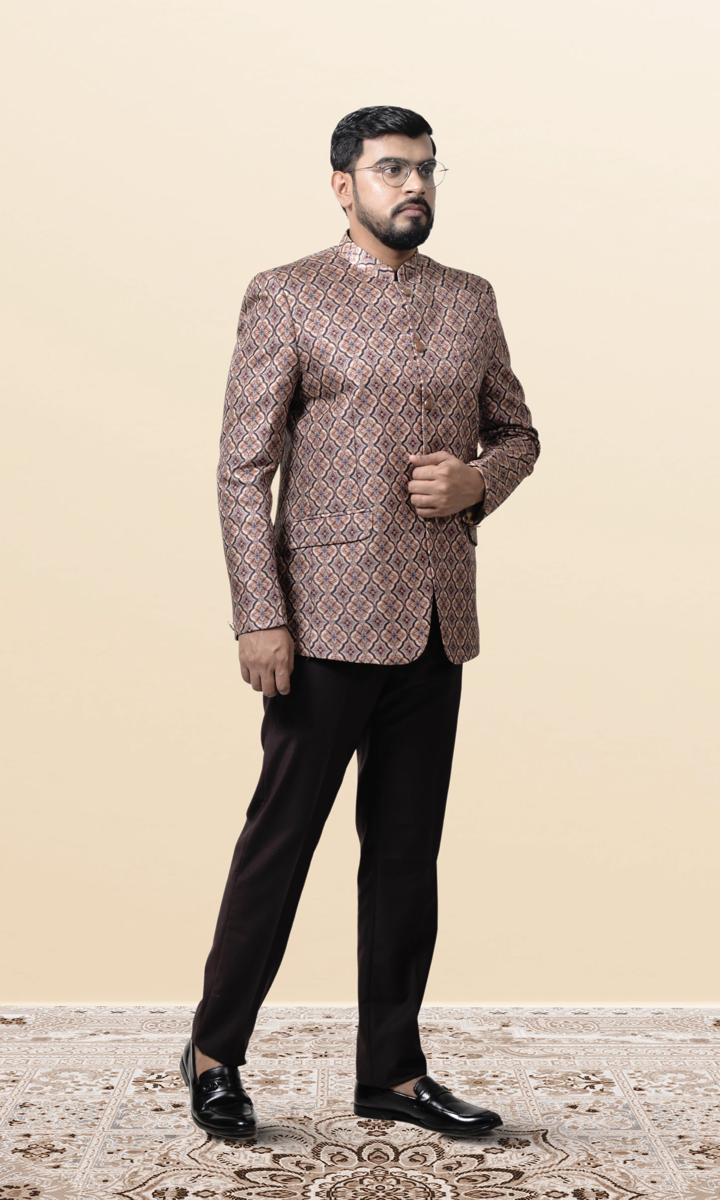 Beige & Brown Intricate Floral Lattice Bandhgala