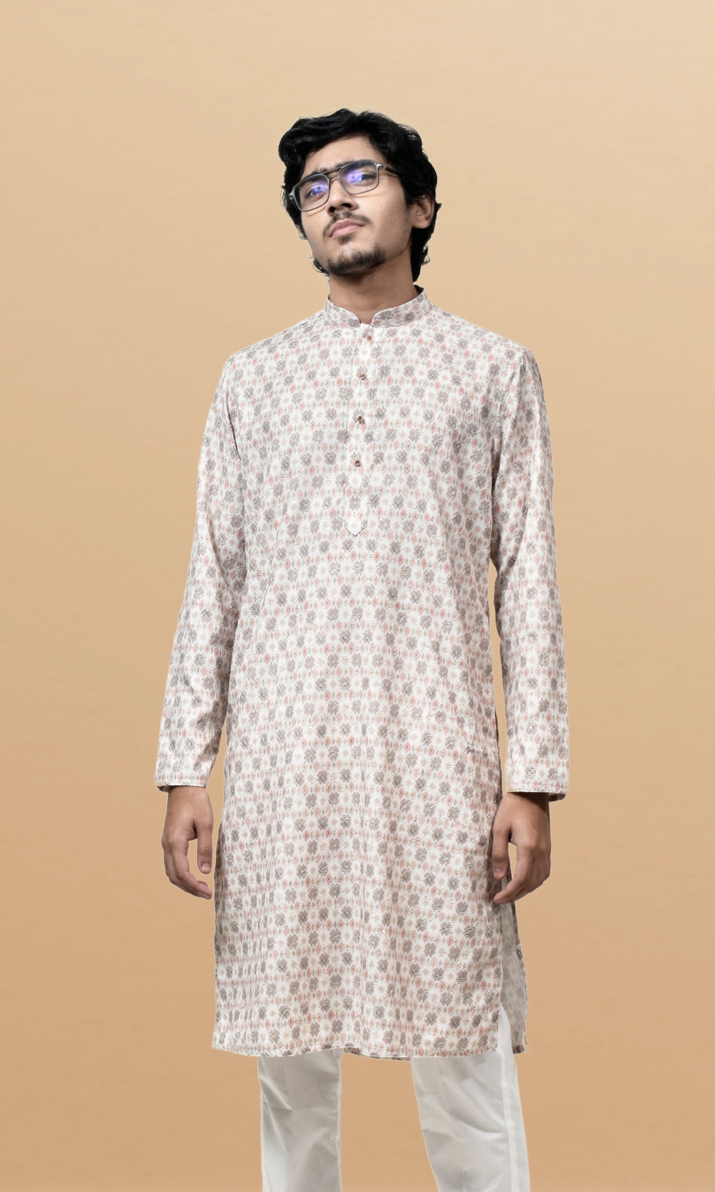 Pastel Pearl Dream Kurta with Vintage Rose Motifs