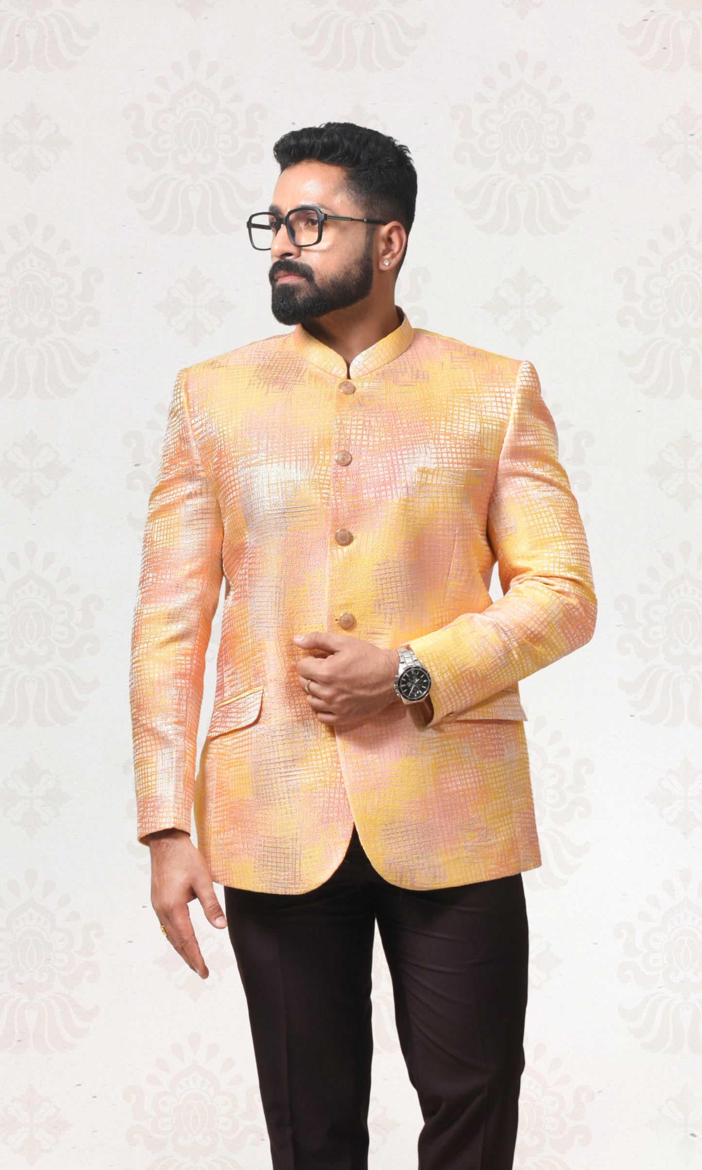 Sunlit Gold Bandhgala with Shimmering Crosshatch Design