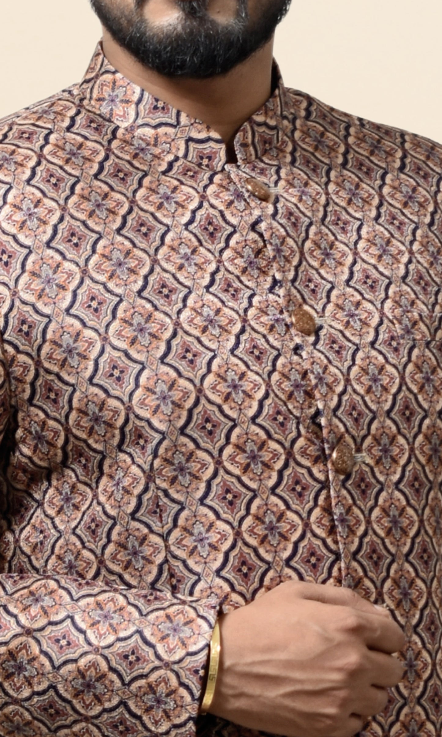 Beige & Brown Intricate Floral Lattice Bandhgala