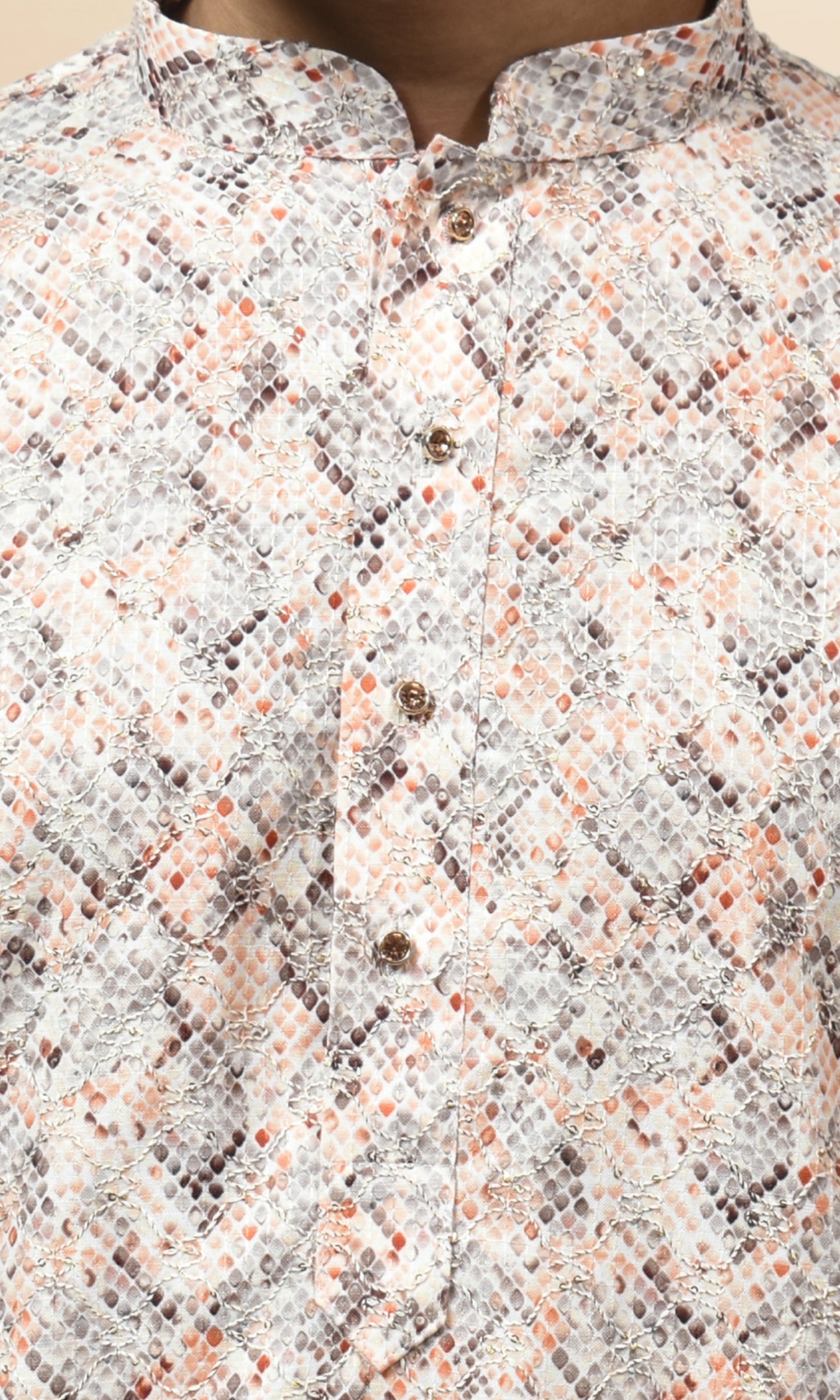 Soft Peach & Grey Pixel Patterned Kurta with Subtle Shimmer