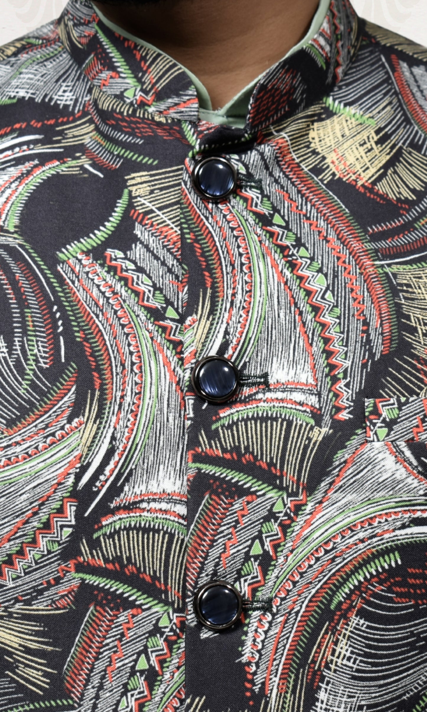 Ebony Crest Jacket with Energetic Weaves Print