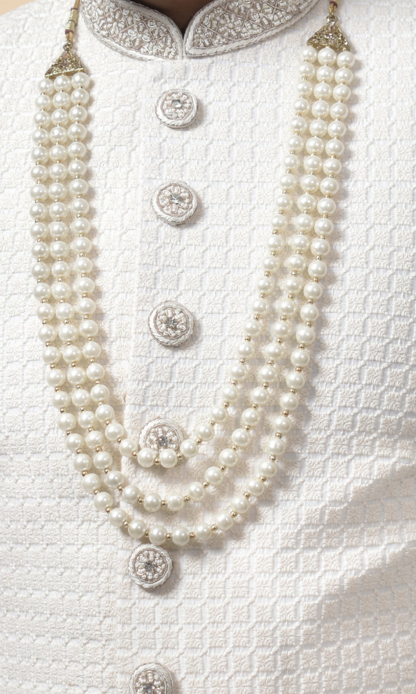 Pearl White Grid-Pattern Sherwani with Embroidered Cuffs & Jewel Buttons