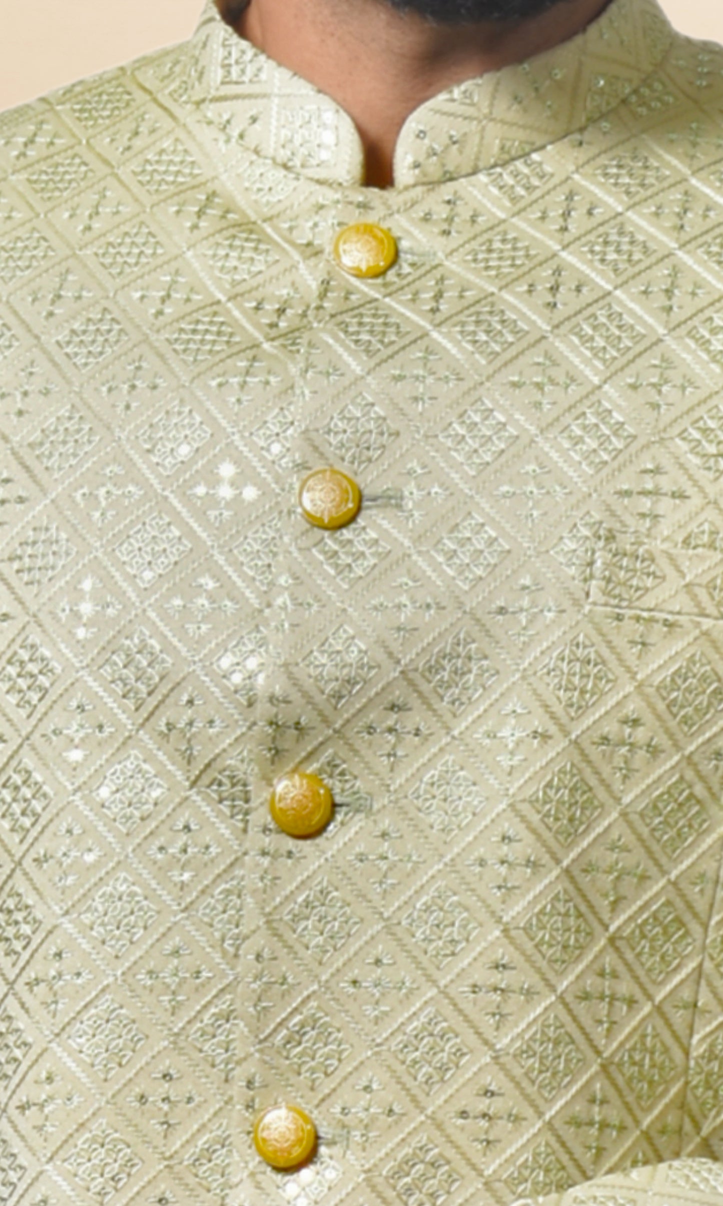 Sage Green Geometric Bandhgala with Sparkling Embellishments