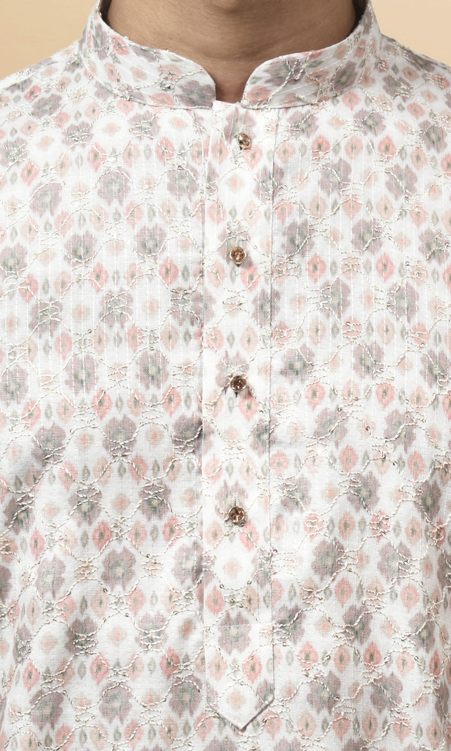 Pastel Pearl Dream Kurta with Vintage Rose Motifs