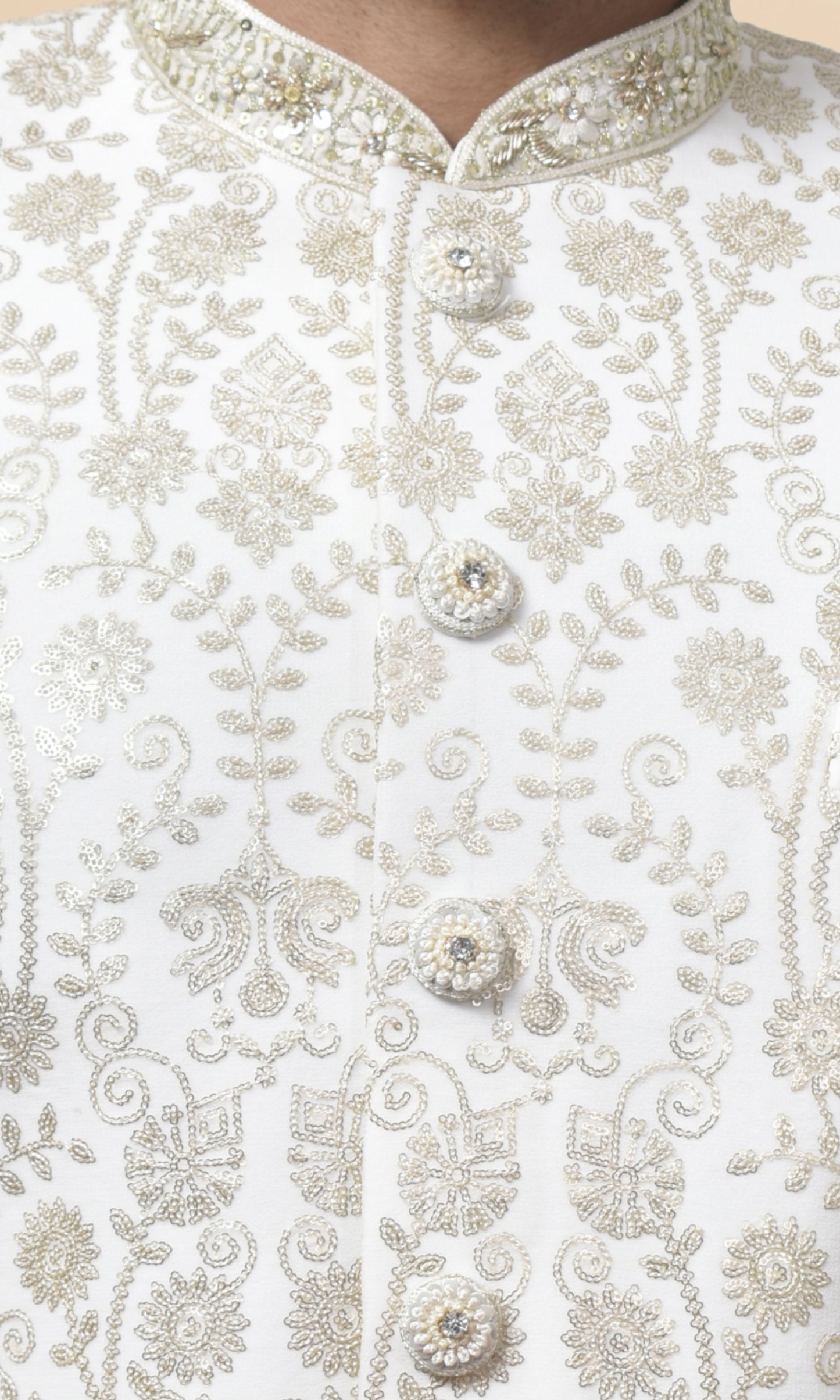 Regal Pearl White Embroidered Sherwani with Heritage-Inspired Floral Motifs